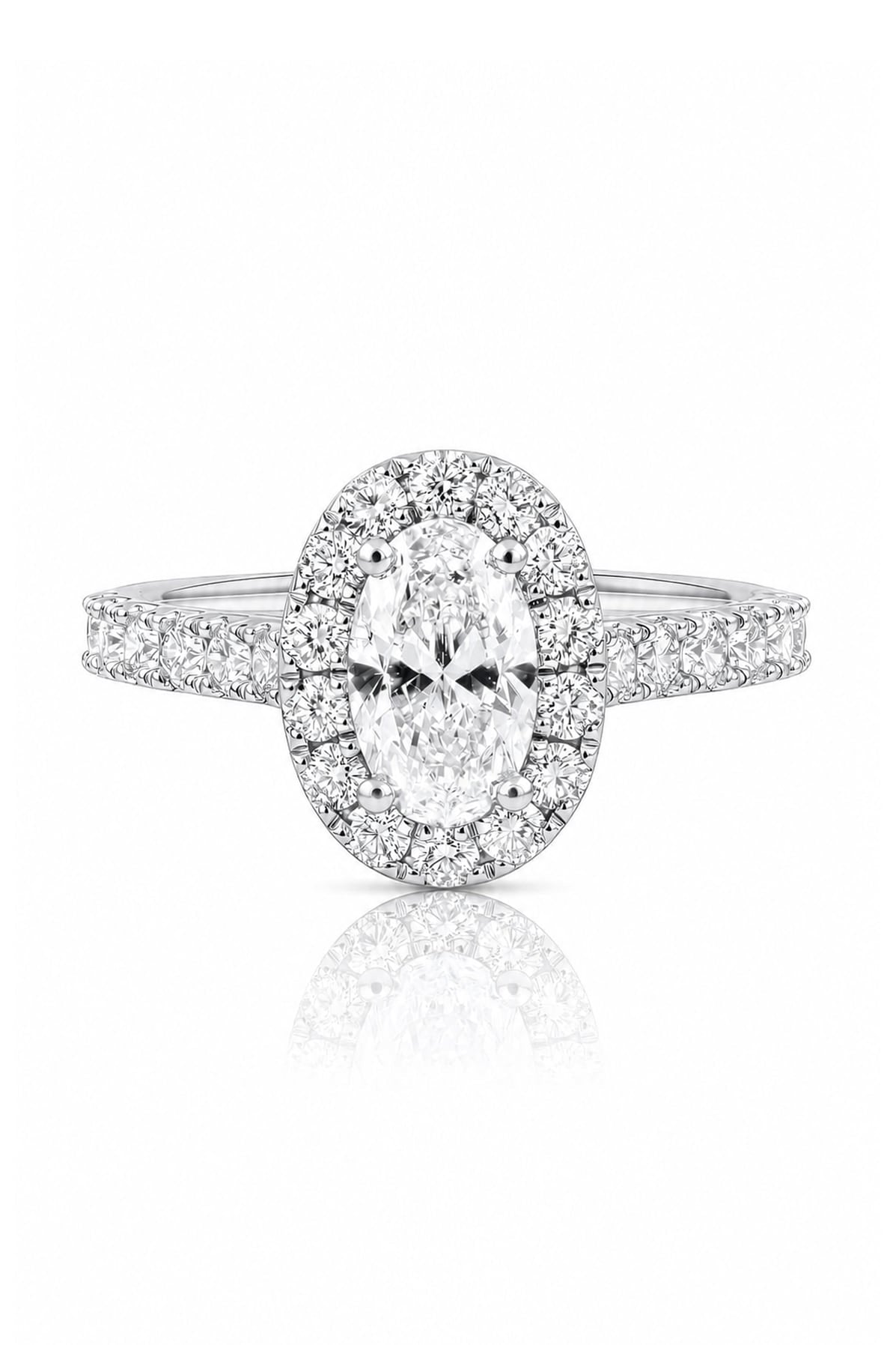 Diamond halo ring with a white background