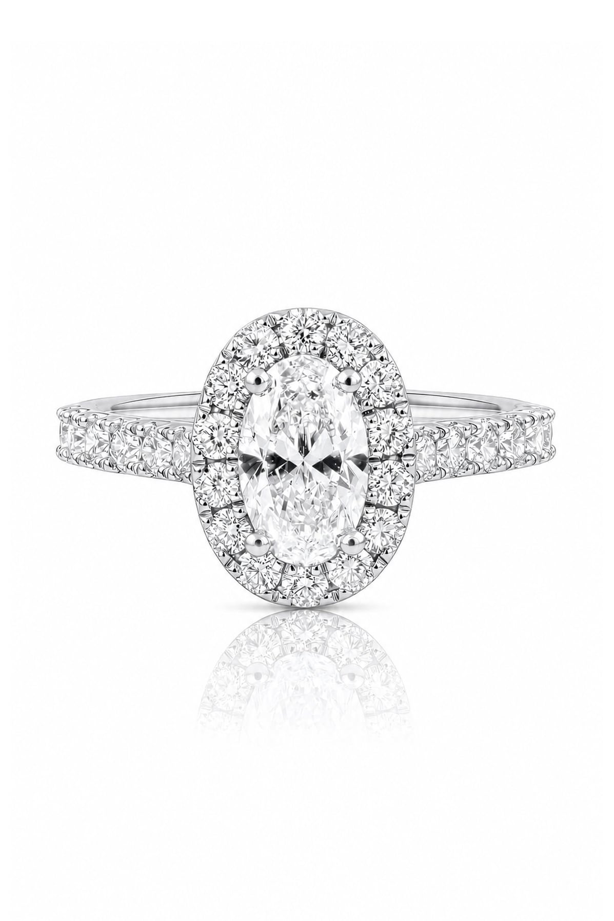 Diamond halo ring with a white background