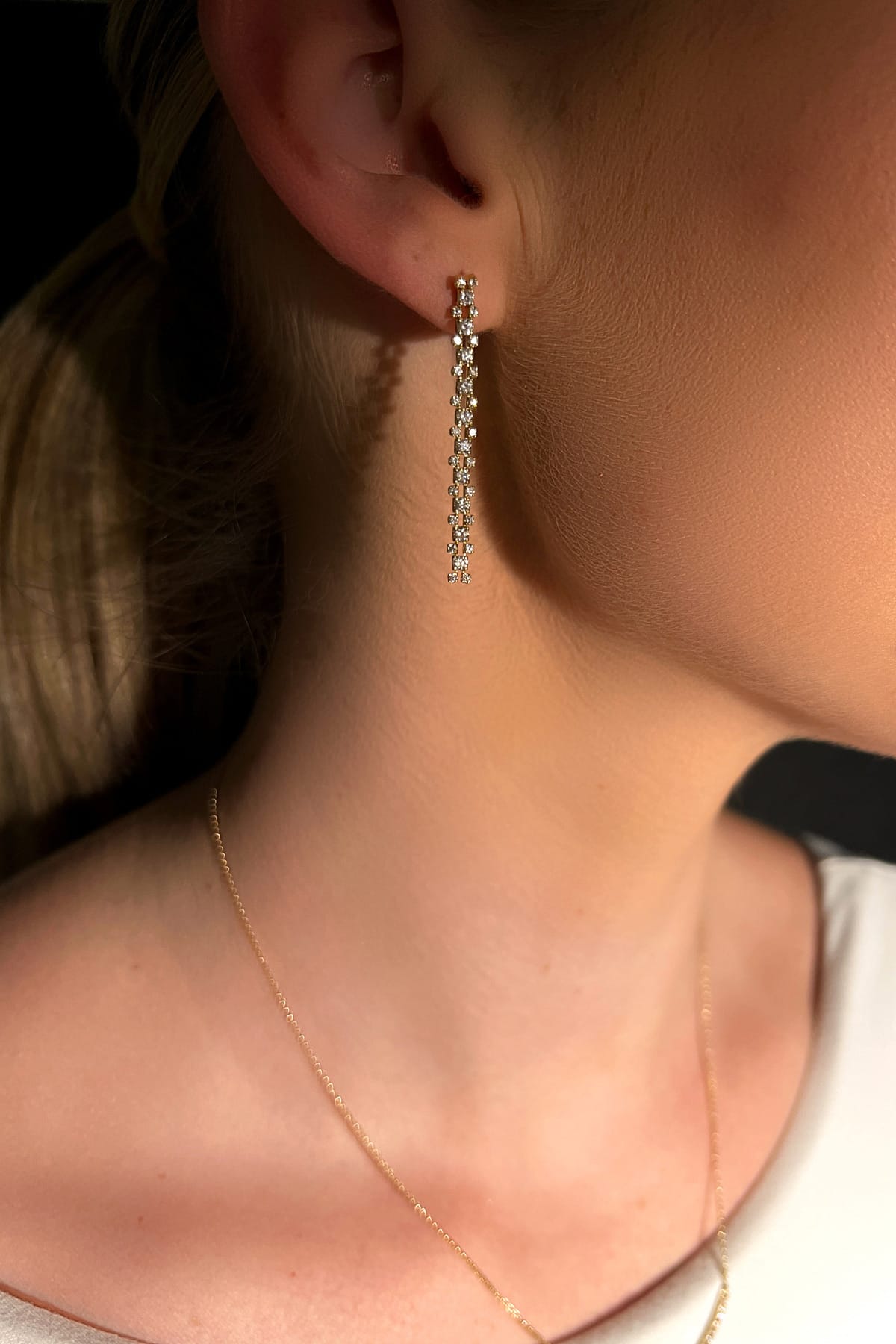 18 Carat Yellow Gold Long Drop Diamond Earrings available at LeGassick Diamonds and Jewellery Gold Coast, Australia.