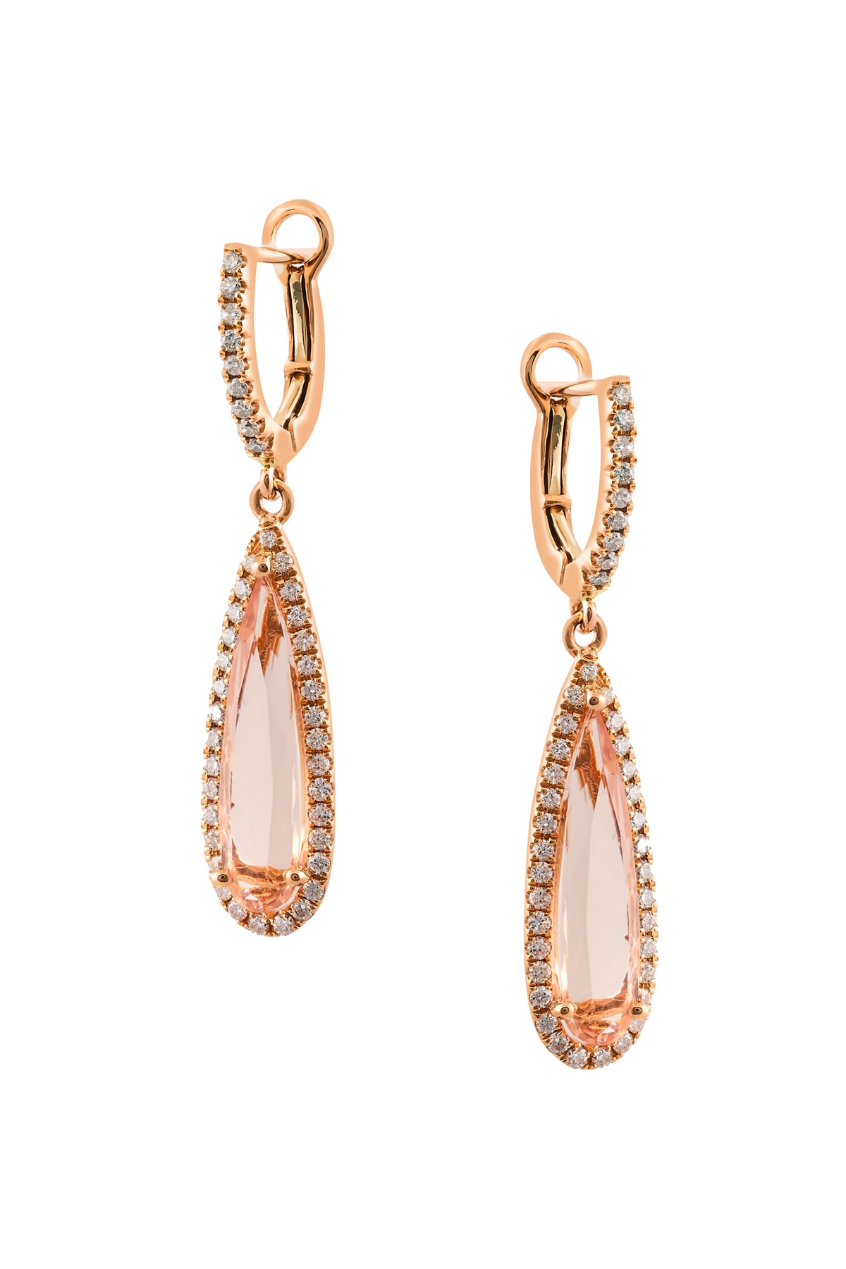 Rose Gold Drop Morganite Huggie Style Earrings from LeGassick Fine Jewellery, Gold Coast, Australia.