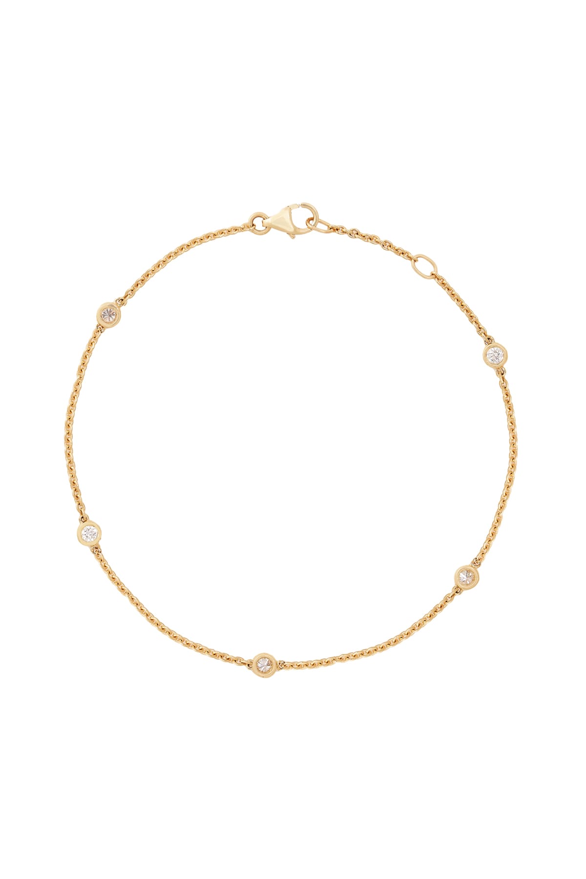 18ct yellow gold fine cable link bracelet with 5 x bezel set round brilliant cut diamonds from LeGassick.