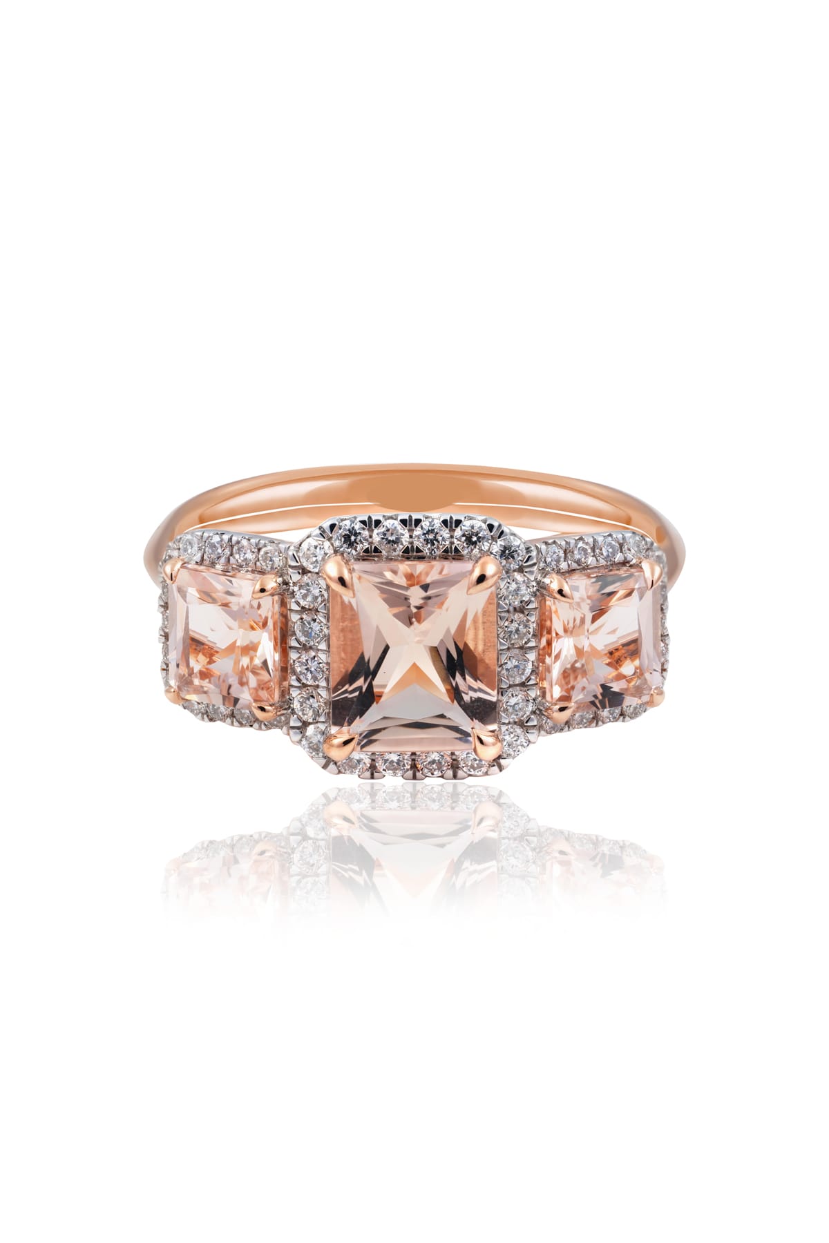 3.09ct Morganite And Diamond 3-Stone Halo Ring from LeGassick.