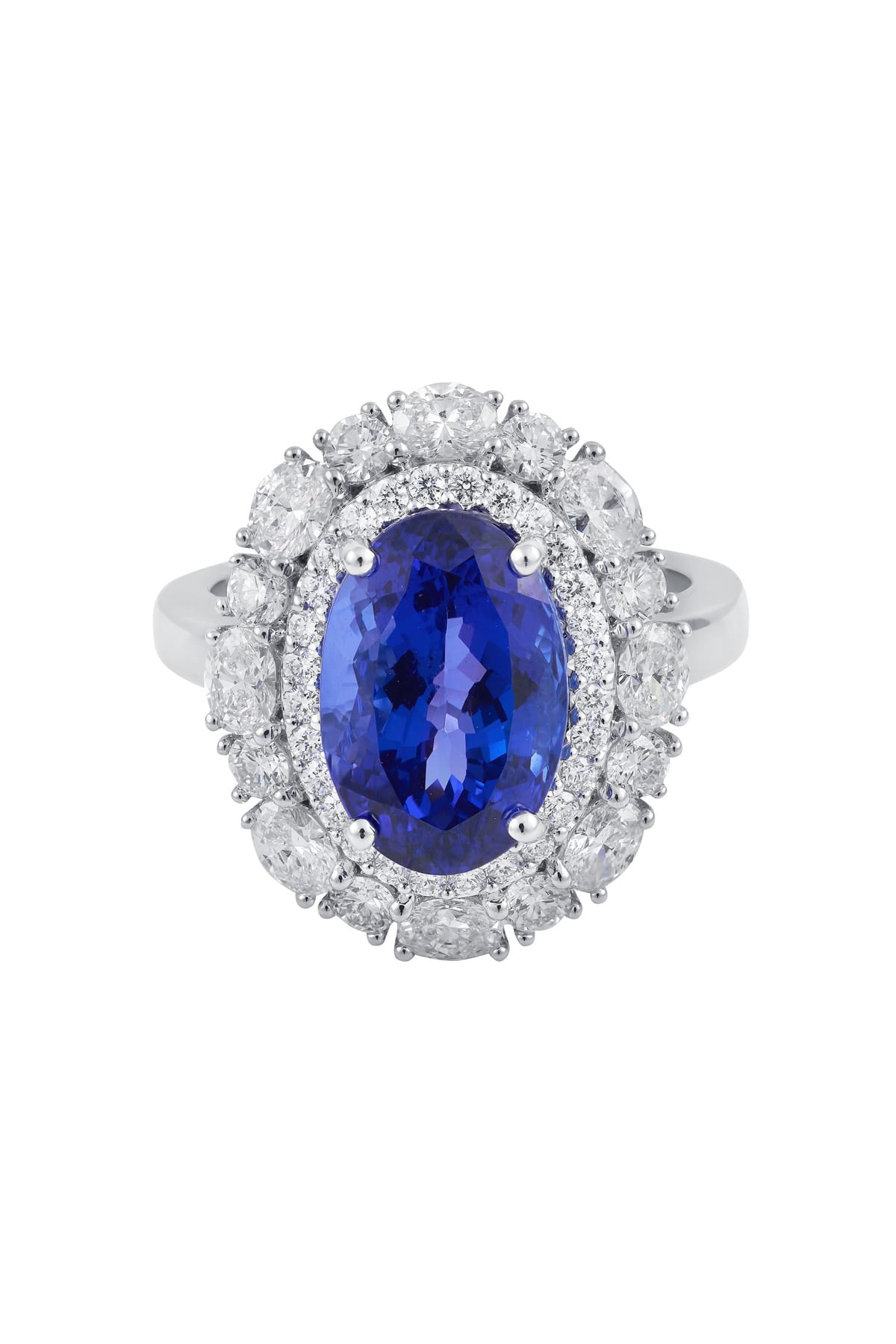 5.80ct Oval Tanzanite and Double Diamonds Halo Ring set in 18ct White Gold available at LeGassick Diamonds and Jewellery Gold Coast, Australia.