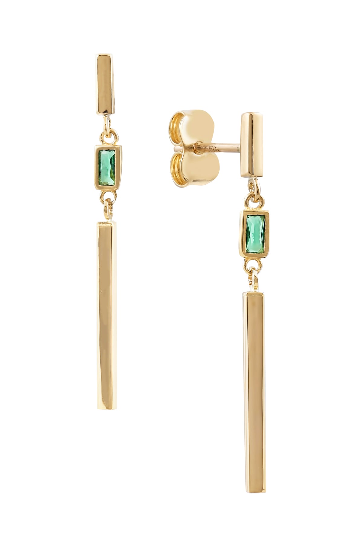 Yellow Gold Vertical Plain Bar Drop Stud Earrings with Green Synthetic Emerald from LeGassick Jewellery, Gold Coast, Australia.