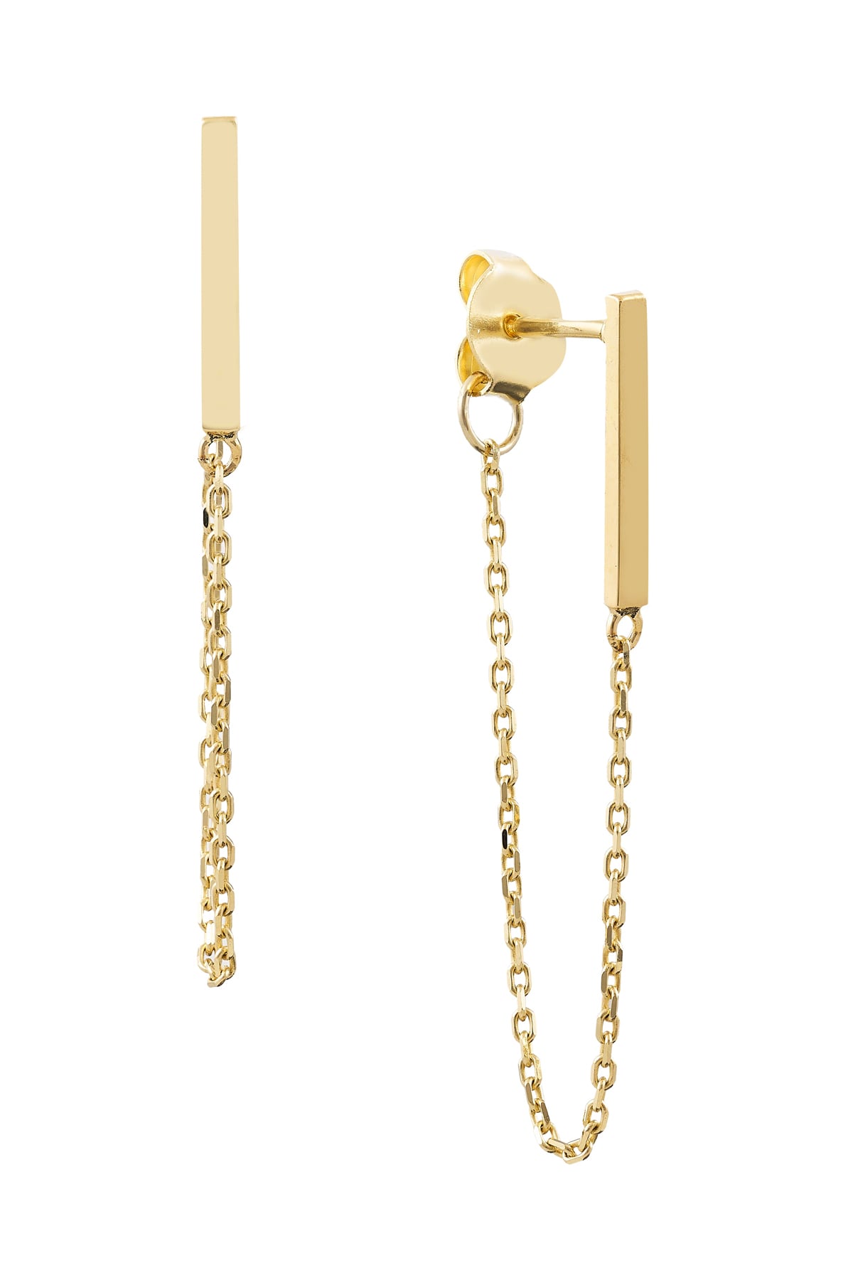 Yellow Gold Vertical Plain Bar with Chain Drop Stud Earrings from LeGassick Jewellery, Gold Coast, Australia.