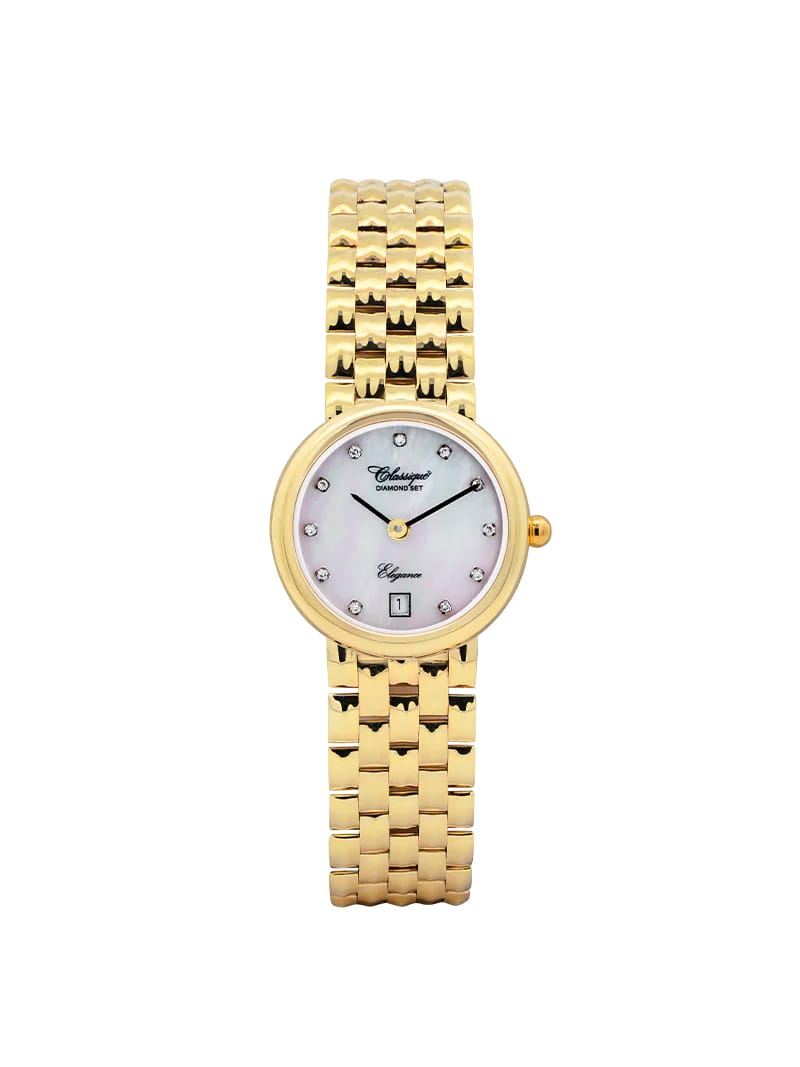 Alessia Mother of Pearl Diamond Set 9ct Solid Yellow Gold Classique Swiss Watch available at LeGassick Diamonds and Jewellery Gold Coast, Australia.
