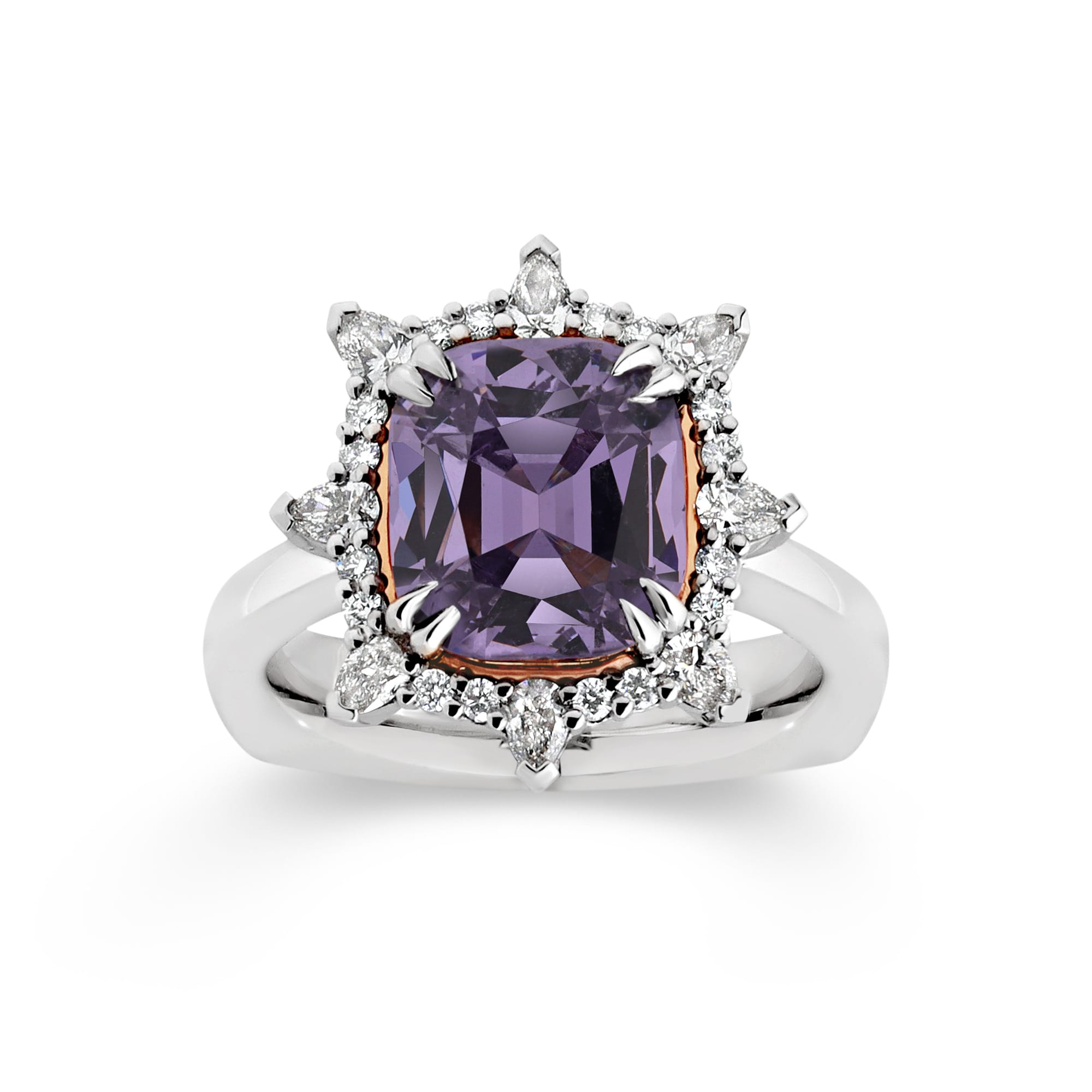 Alexandra features a 3.74 carat fusion cut Lavender Spinel centre gemstone. The centre stone sits upon a rose gold cradle and is encased with a diamond halo crown. She was designed and handcrafted by LeGassick's Master Jewellers, Gold Coast, Australia.