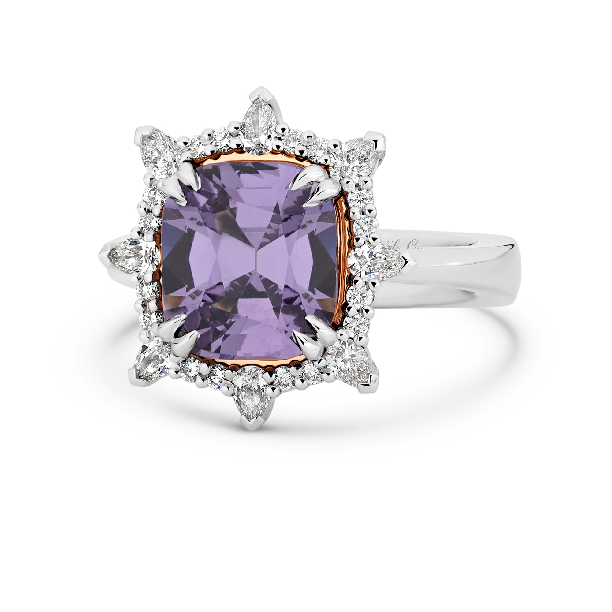 Alexandra features a 3.74 carat fusion cut Lavender Spinel centre gemstone. The centre stone sits upon a rose gold cradle and is encased with a diamond halo crown. She was designed and handcrafted by LeGassick's Master Jewellers, Gold Coast, Australia.