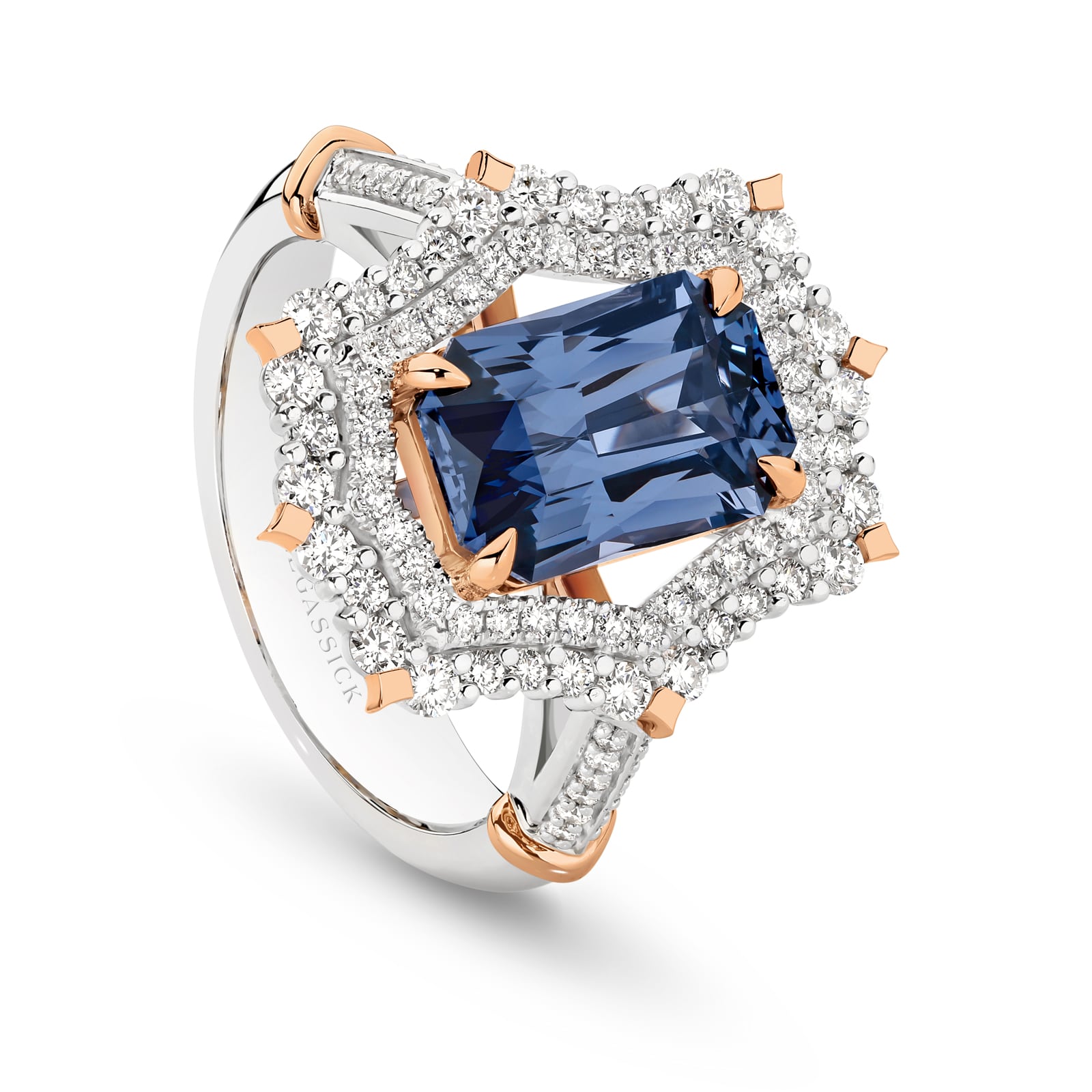 Handcrafted 4 carat violet blue spinel and diamond ring set in white and rose gold on a white background. Audrey ring part of The Beyond Luxury Collection by LeGassick.