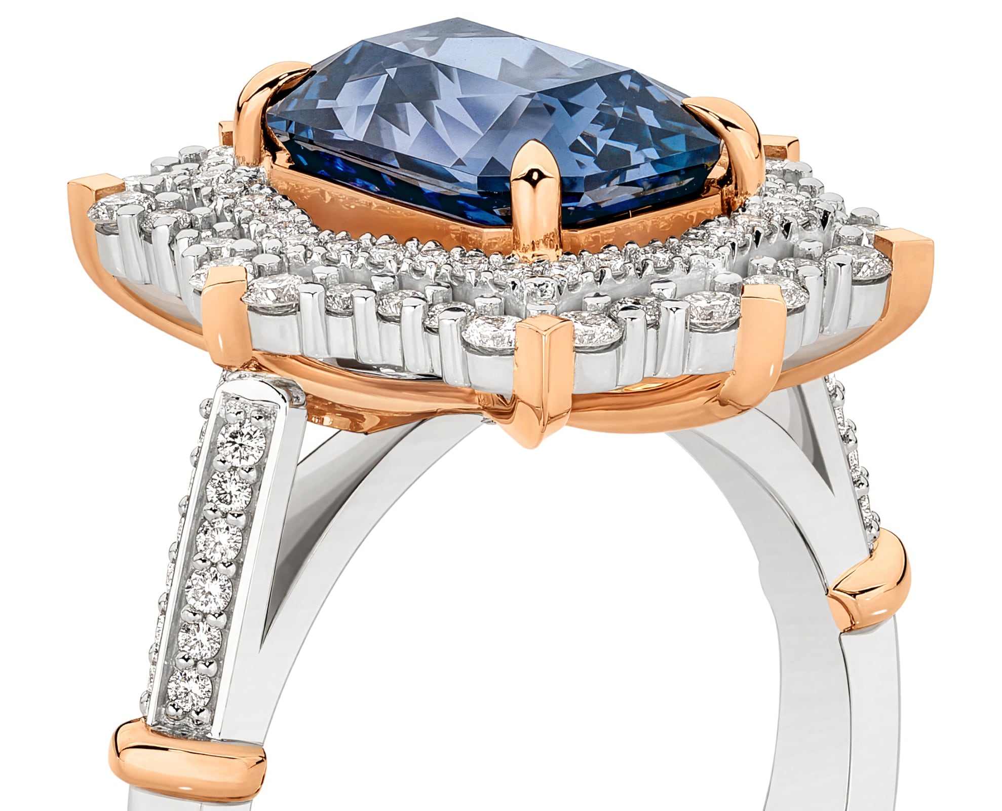 Handcrafted 4 carat violet blue spinel and diamond ring set in white and rose gold on a white background. Audrey ring part of The Beyond Luxury Collection by LeGassick.
