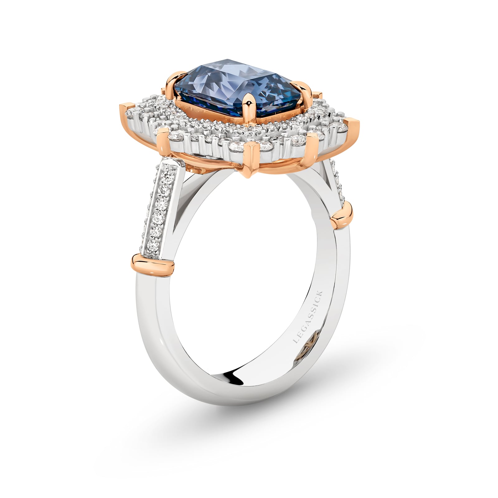 Handcrafted 4 carat violet blue spinel and diamond ring set in white and rose gold on a white background. Audrey ring part of The Beyond Luxury Collection by LeGassick.