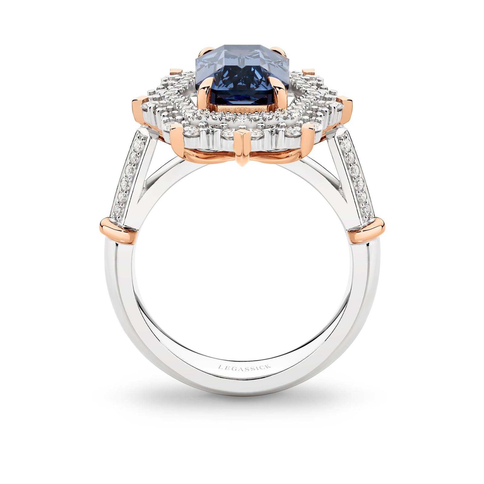 Handcrafted 4 carat violet blue spinel and diamond ring set in white and rose gold on a white background. Audrey ring part of The Beyond Luxury Collection by LeGassick.