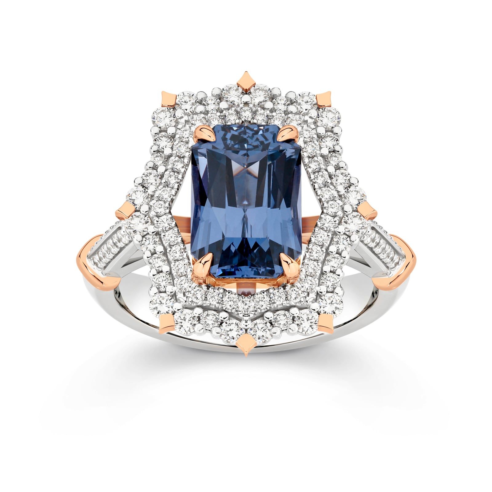 Handcrafted 4 carat violet blue spinel and diamond ring set in white and rose gold on a white background. Audrey ring part of The Beyond Luxury Collection by LeGassick.