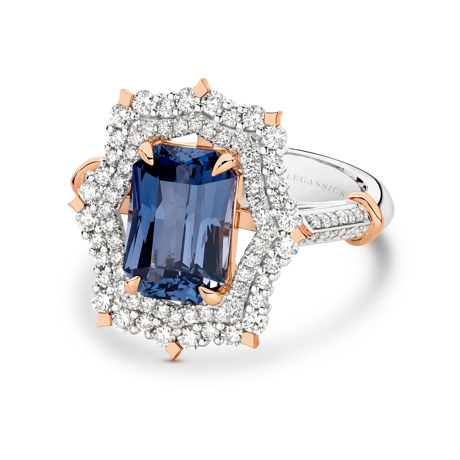 Handcrafted 4 carat violet blue spinel and diamond ring set in white and rose gold on a white background. Audrey ring part of The Beyond Luxury Collection by LeGassick.