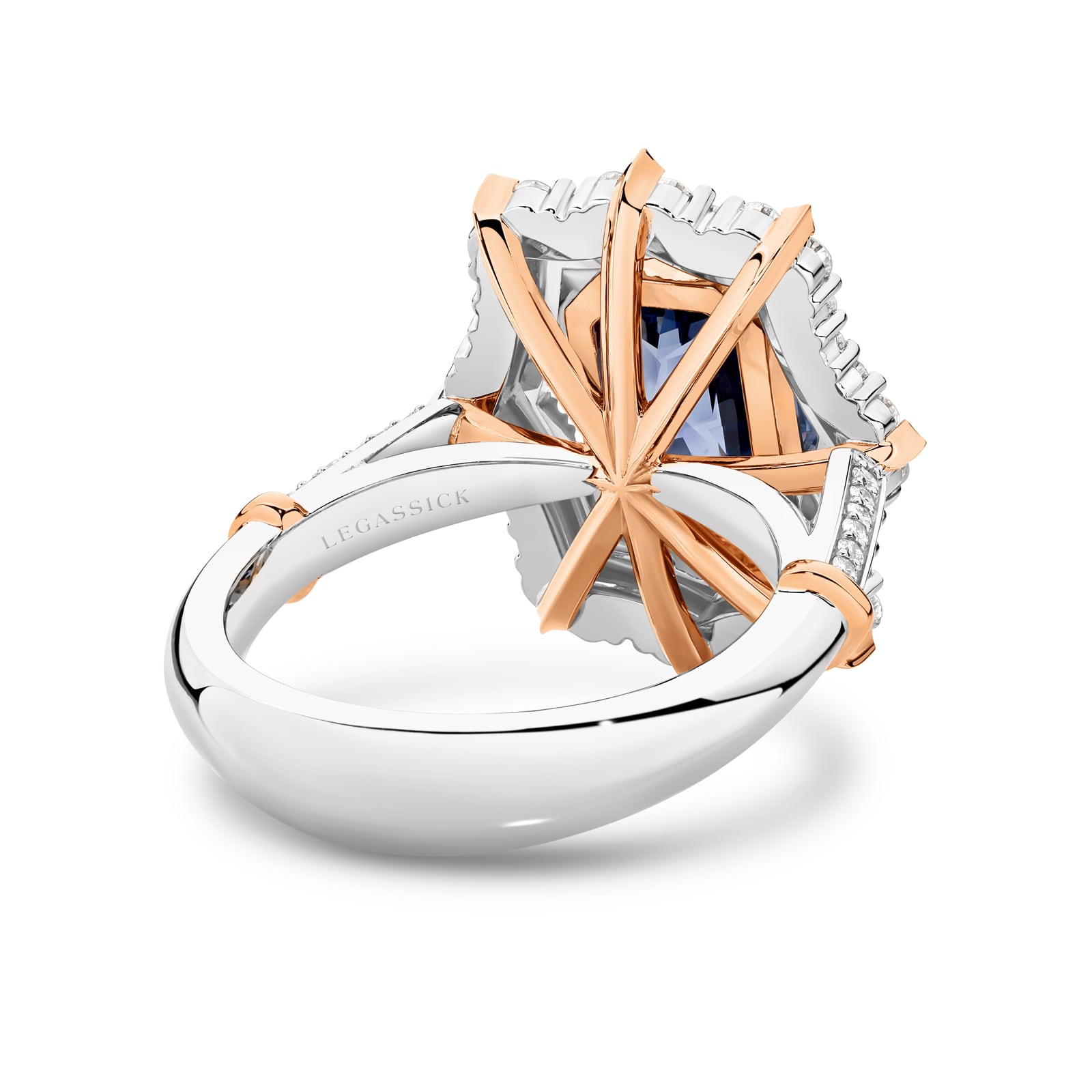 Handcrafted 4 carat violet blue spinel and diamond ring set in white and rose gold on a white background. Audrey ring part of The Beyond Luxury Collection by LeGassick.