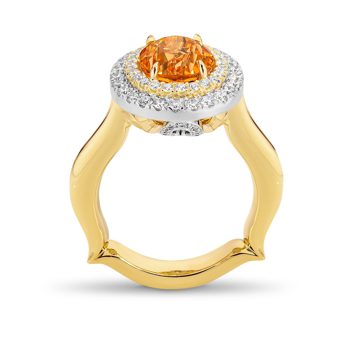 Aurelia features a rare 3.95 carat oval Mandarin garnet. Surrounding this centrepiece, Aurelia features a brilliant, gleaming double halo of white diamonds, crafted from 18 carat yellow and white gold. She was designed and handcrafted by LeGassick's Master Jewellers, Gold Coast, Australia.