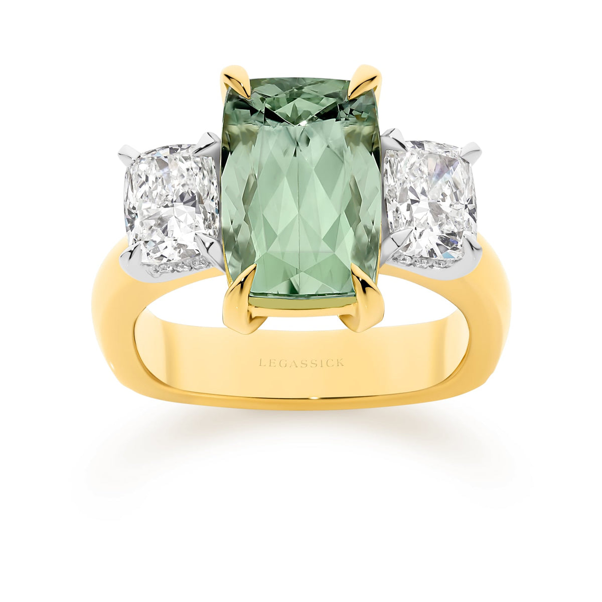 Avalon is a natural 5.06ct mint-green tourmaline and diamond ring set in yellow and white gold. She was designed and handcrafted by LeGassick's Master Jewellers and a member of the Beyond Luxury Collection.