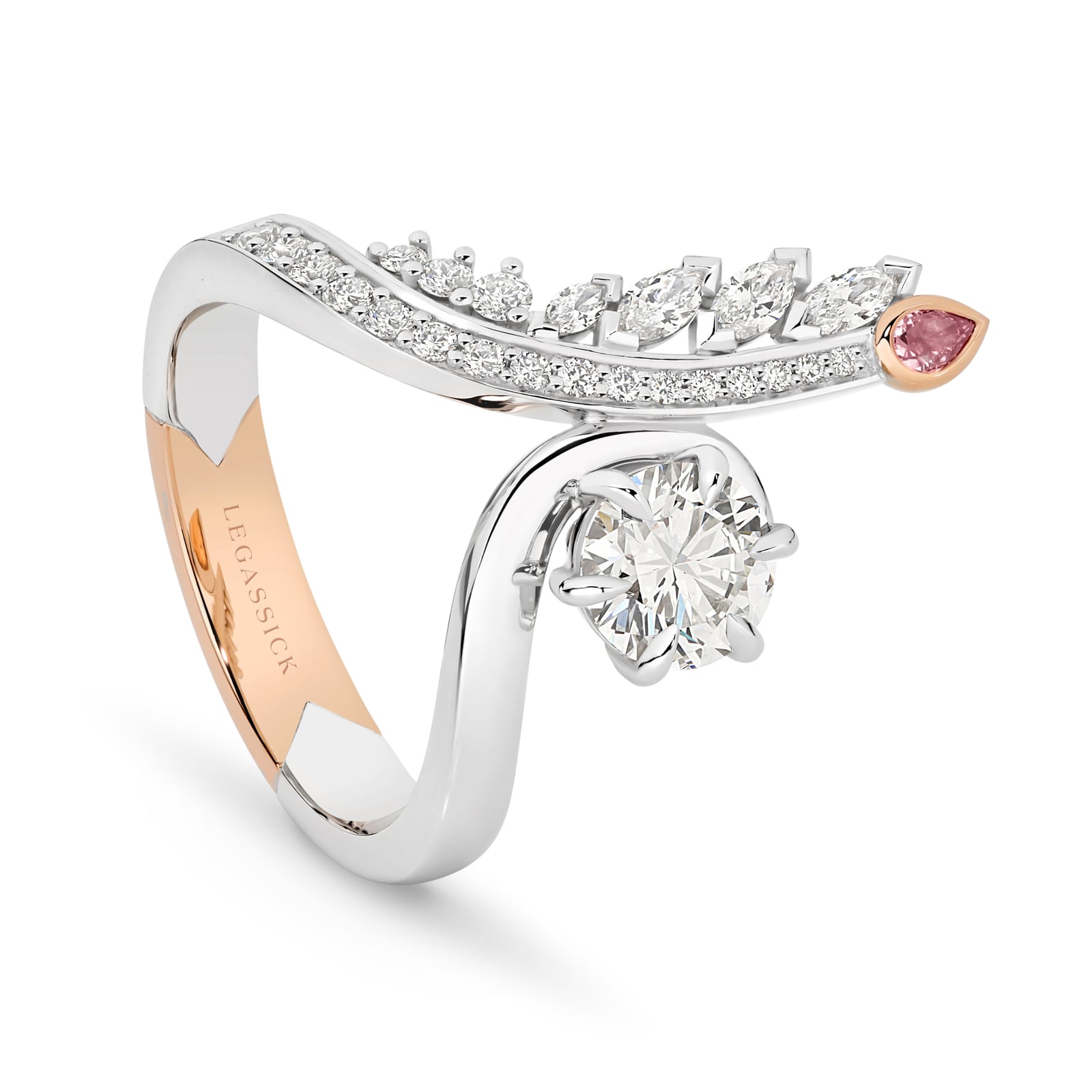 Elegant handcrafted ring with pink diamond and diamond accents on a white background. Clara ring part of The Beyond Luxury Collection by LeGassick.