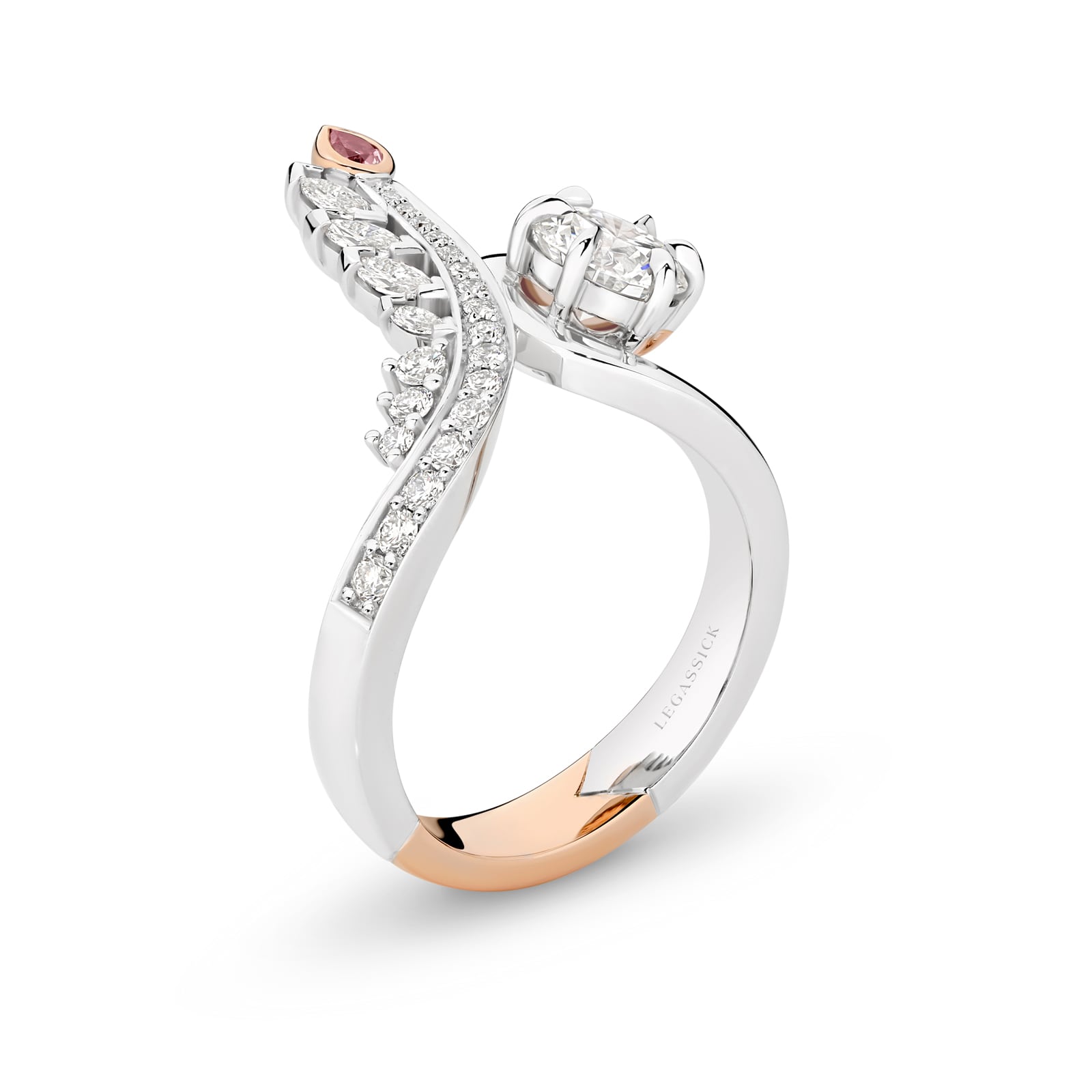 Elegant handcrafted ring with pink diamond and diamond accents on a white background. Clara ring part of The Beyond Luxury Collection by LeGassick.