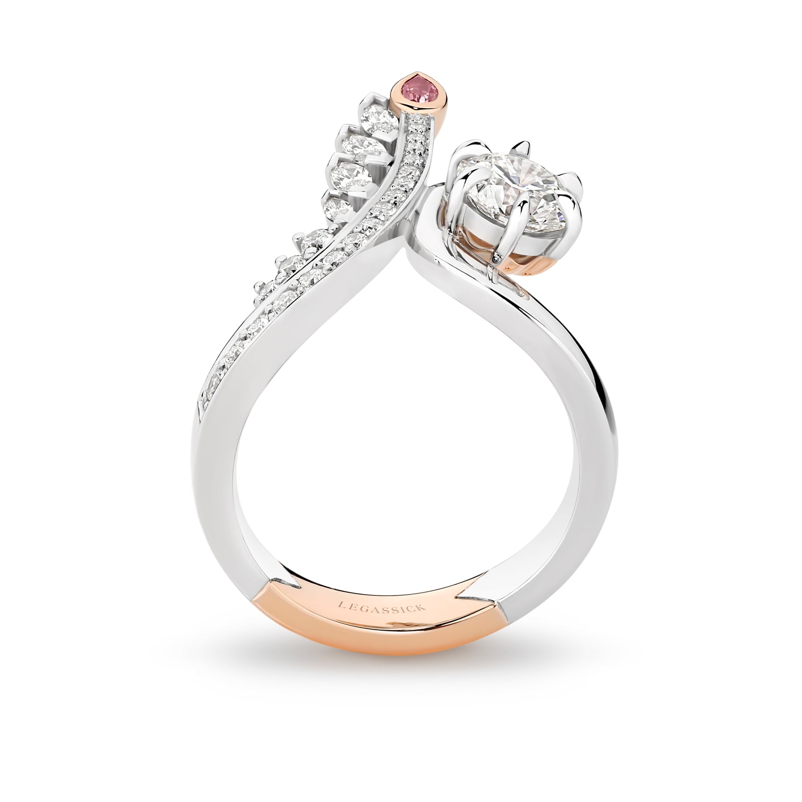 Elegant handcrafted ring with pink diamond and diamond accents on a white background. Clara ring part of The Beyond Luxury Collection by LeGassick.