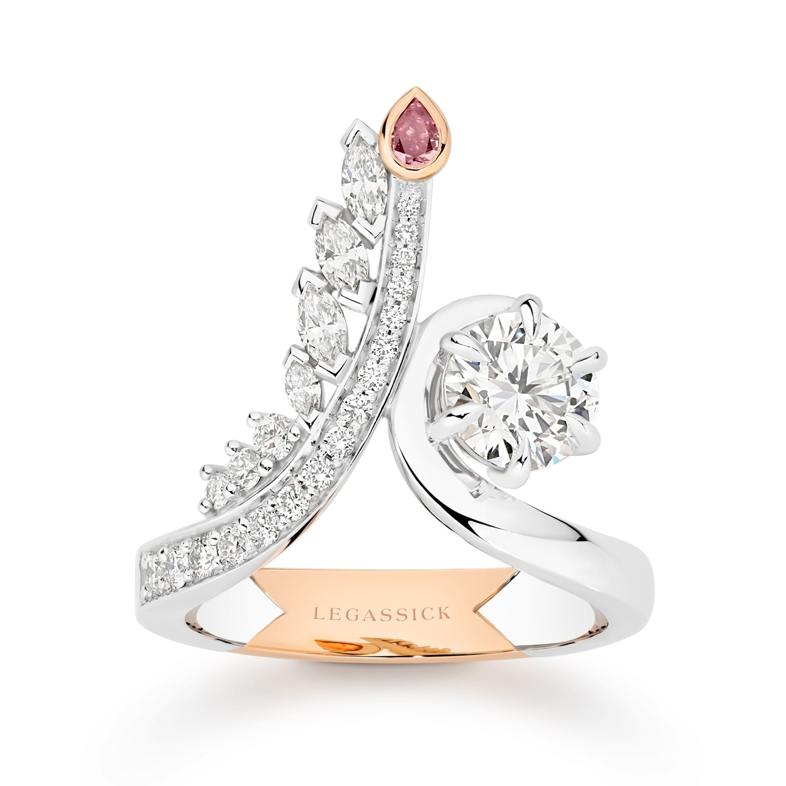 Elegant handcrafted ring with pink diamond and diamond accents on a white background. Clara ring part of The Beyond Luxury Collection by LeGassick.