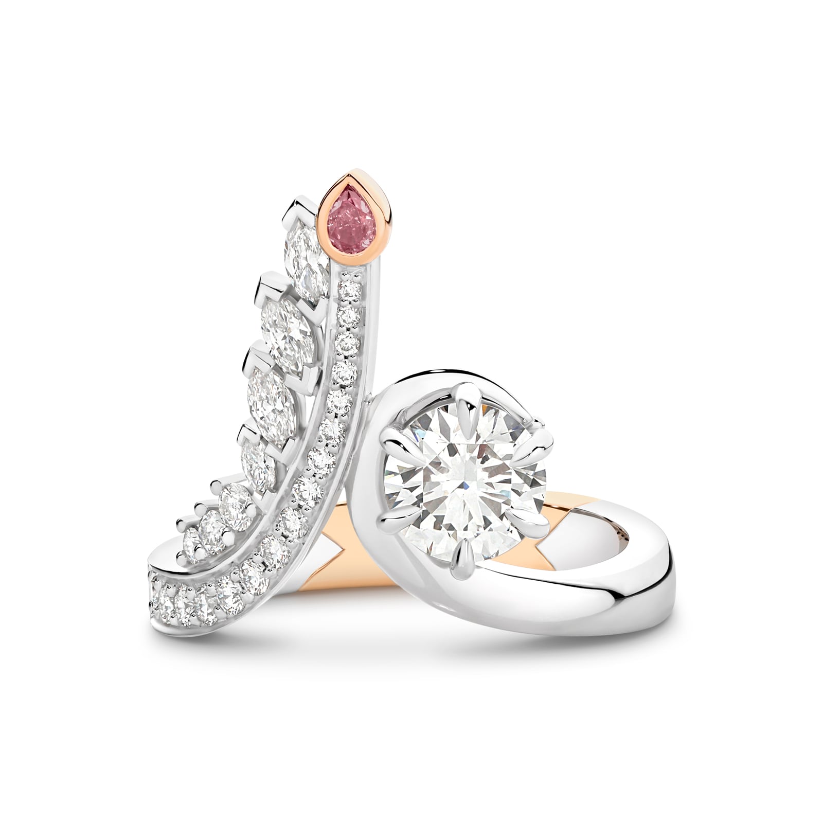 Elegant handcrafted ring with pink diamond and diamond accents on a white background. Clara ring part of The Beyond Luxury Collection by LeGassick.