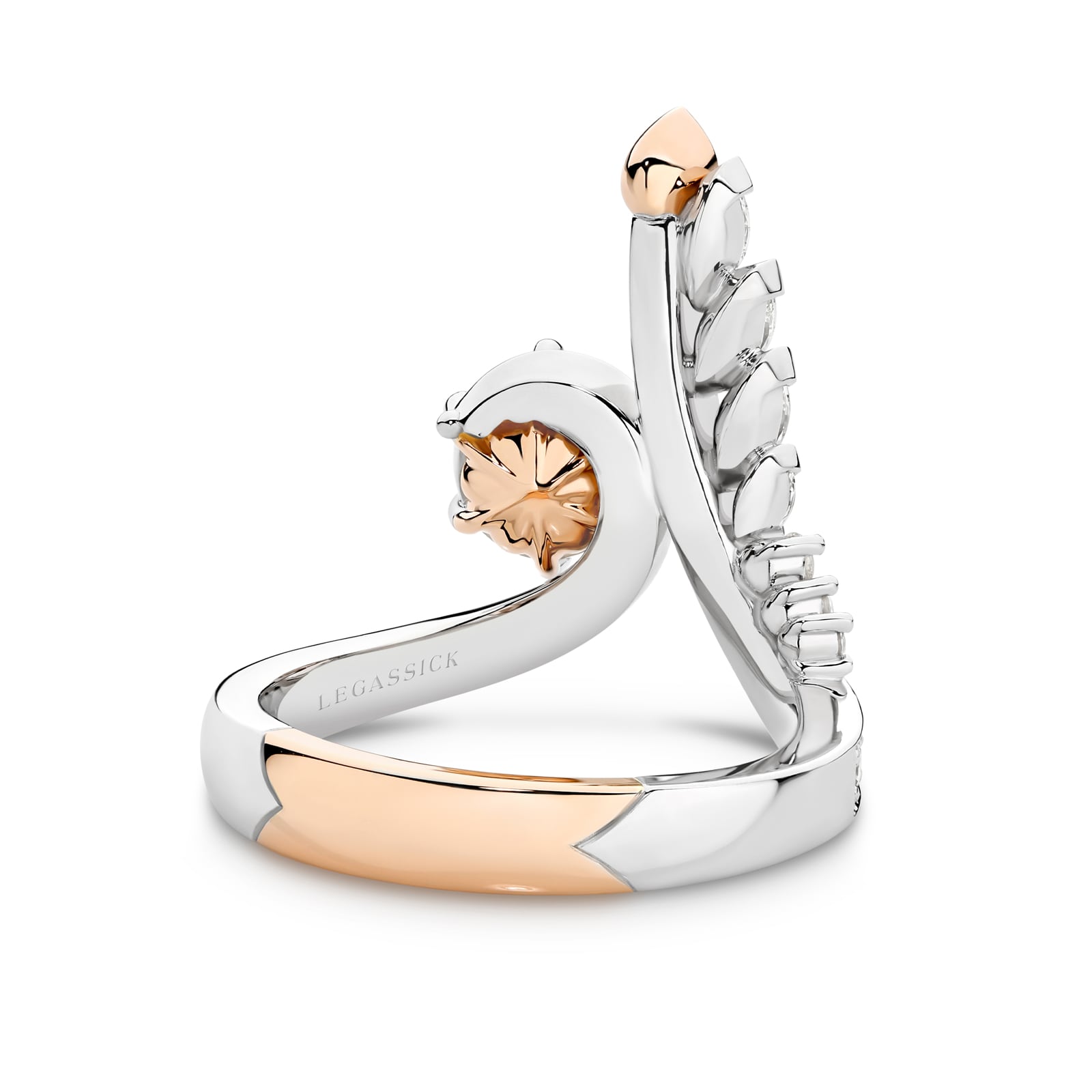 Elegant handcrafted ring with pink diamond and diamond accents on a white background. Clara ring part of The Beyond Luxury Collection by LeGassick.