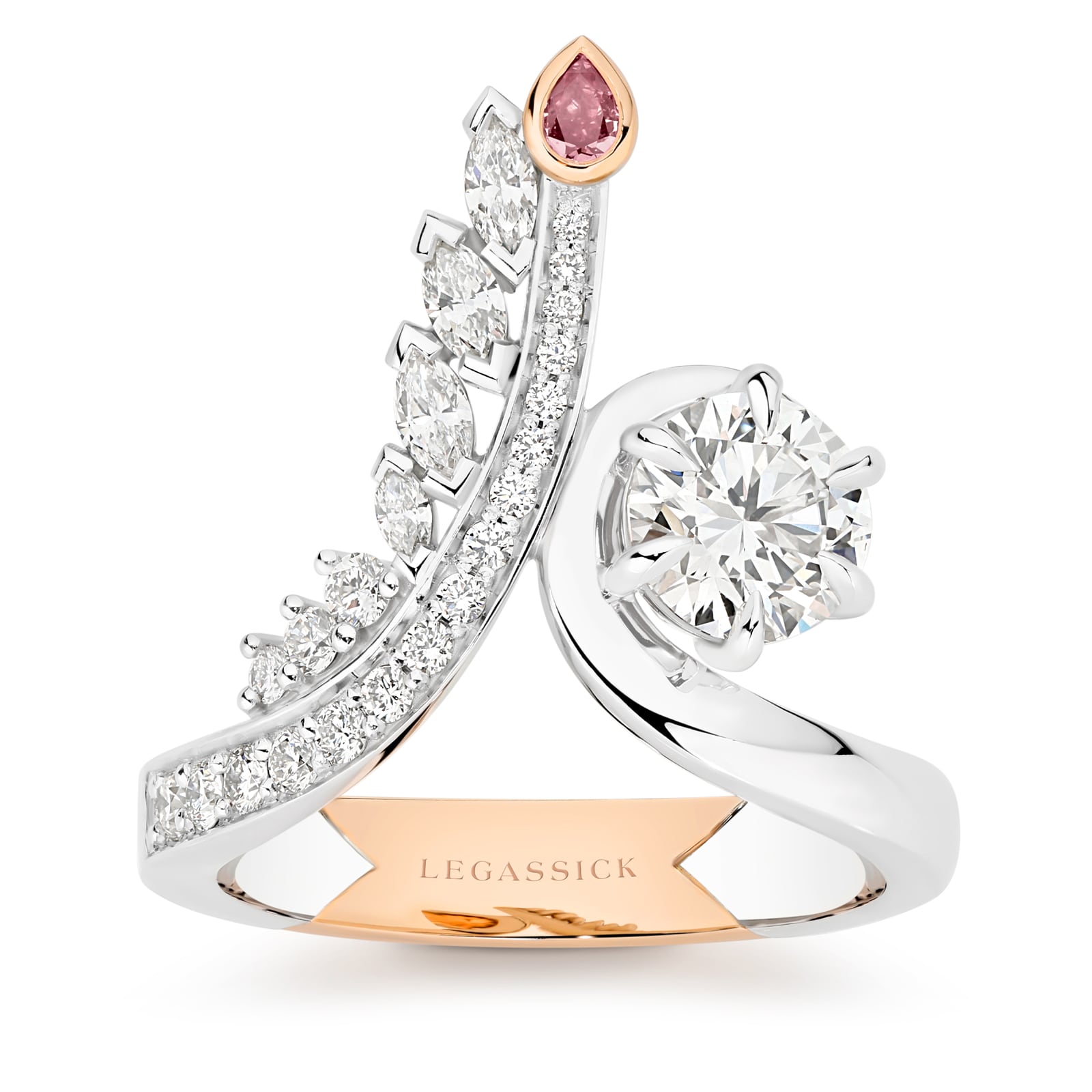 Elegant handcrafted ring with pink diamond and diamond accents on a white background