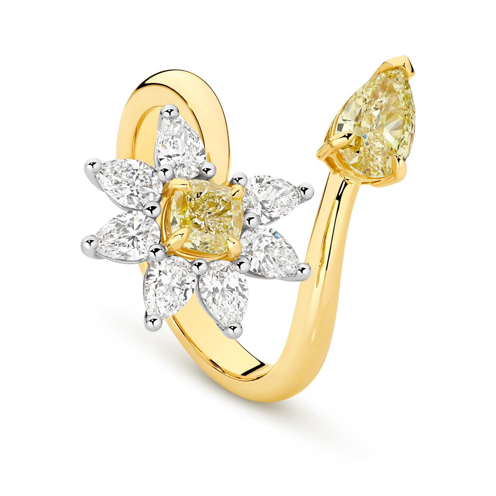 Handcrafted gold ring with yellow and clear diamonds on a white background. Eden ring part of The Beyond Luxury Collection by LeGassick.