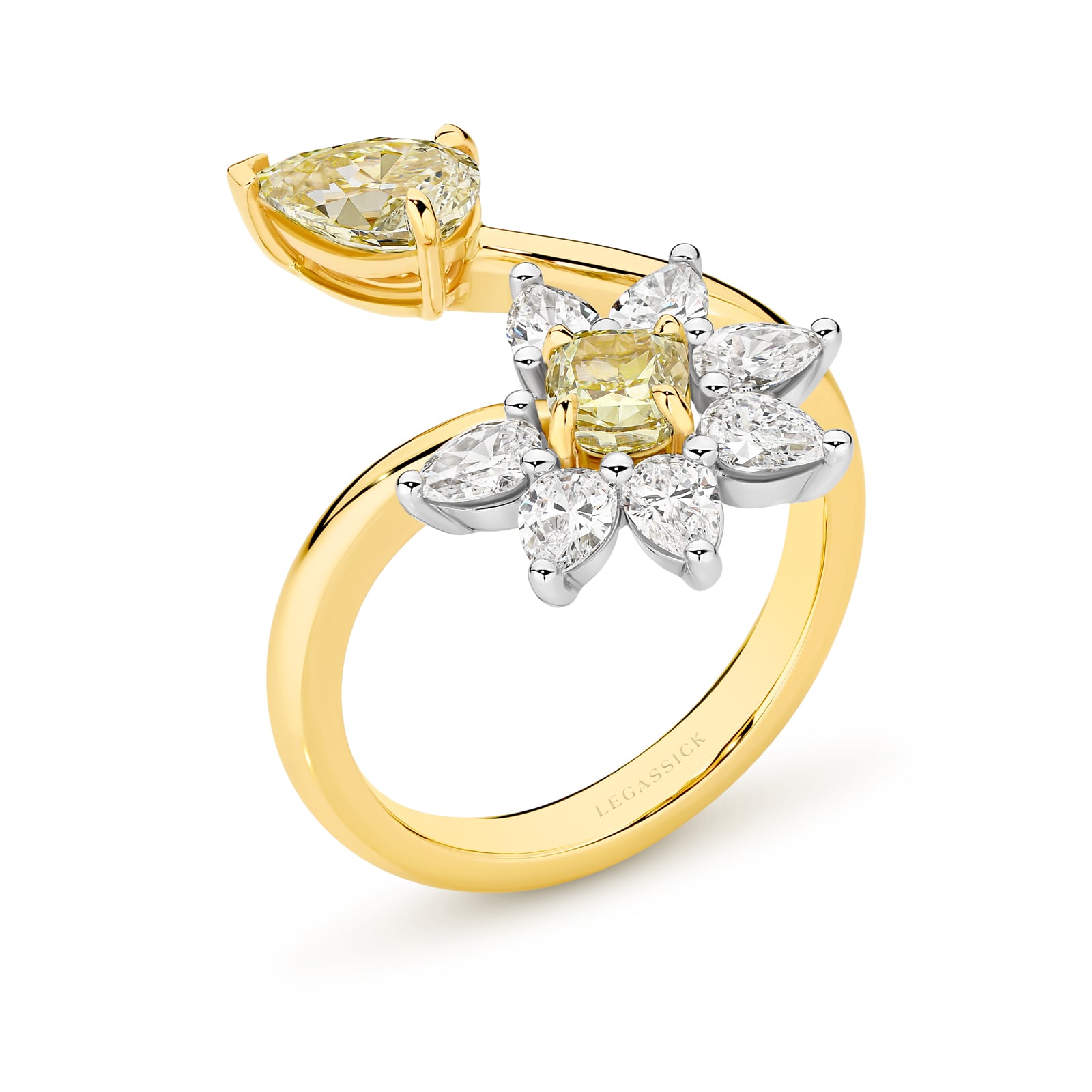 Handcrafted gold ring with yellow and clear diamonds on a white background. Eden ring part of The Beyond Luxury Collection by LeGassick.