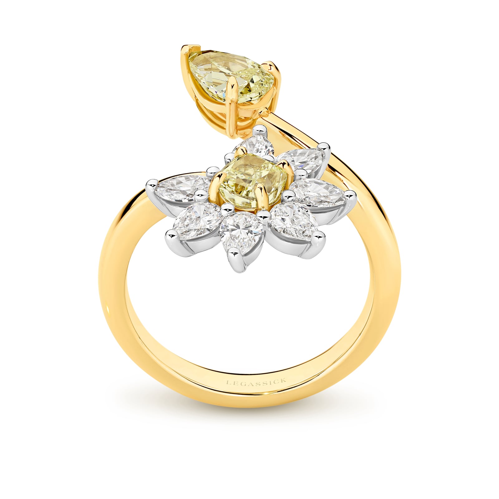 Handcrafted gold ring with yellow and clear diamonds on a white background. Eden ring part of The Beyond Luxury Collection by LeGassick.