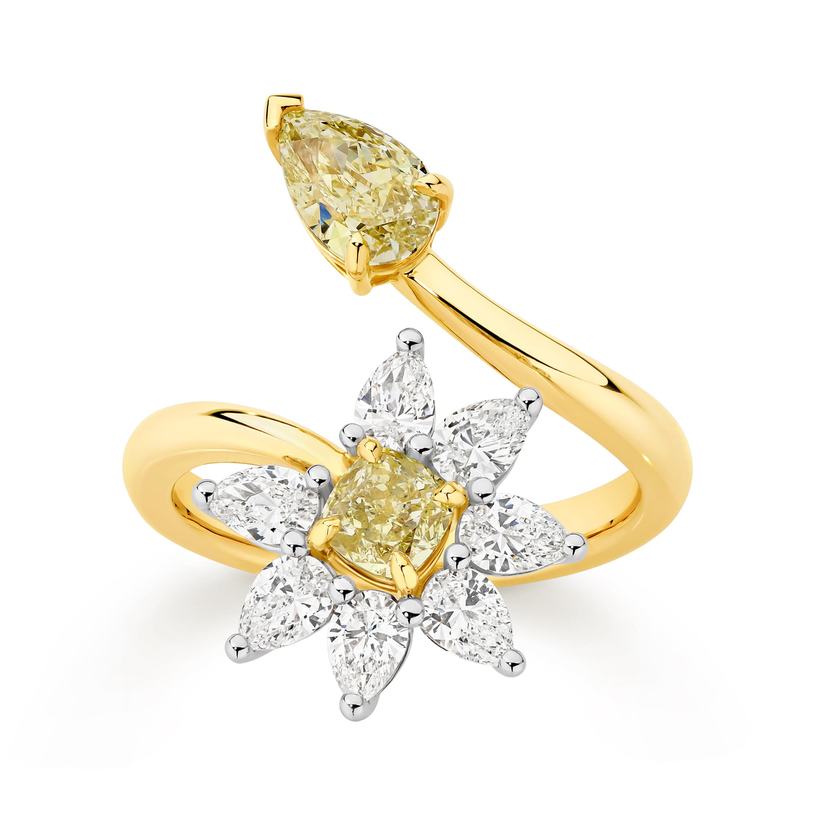Handcrafted gold ring with yellow and clear diamonds on a white background. Eden ring part of The Beyond Luxury Collection by LeGassick.