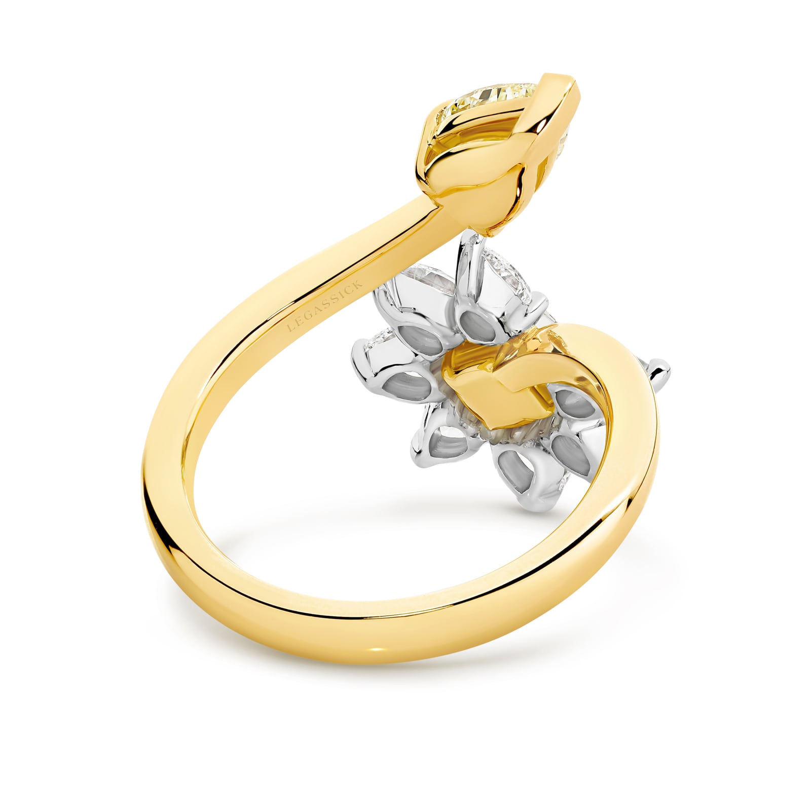 Handcrafted gold ring with yellow and clear diamonds on a white background. Eden ring part of The Beyond Luxury Collection by LeGassick.