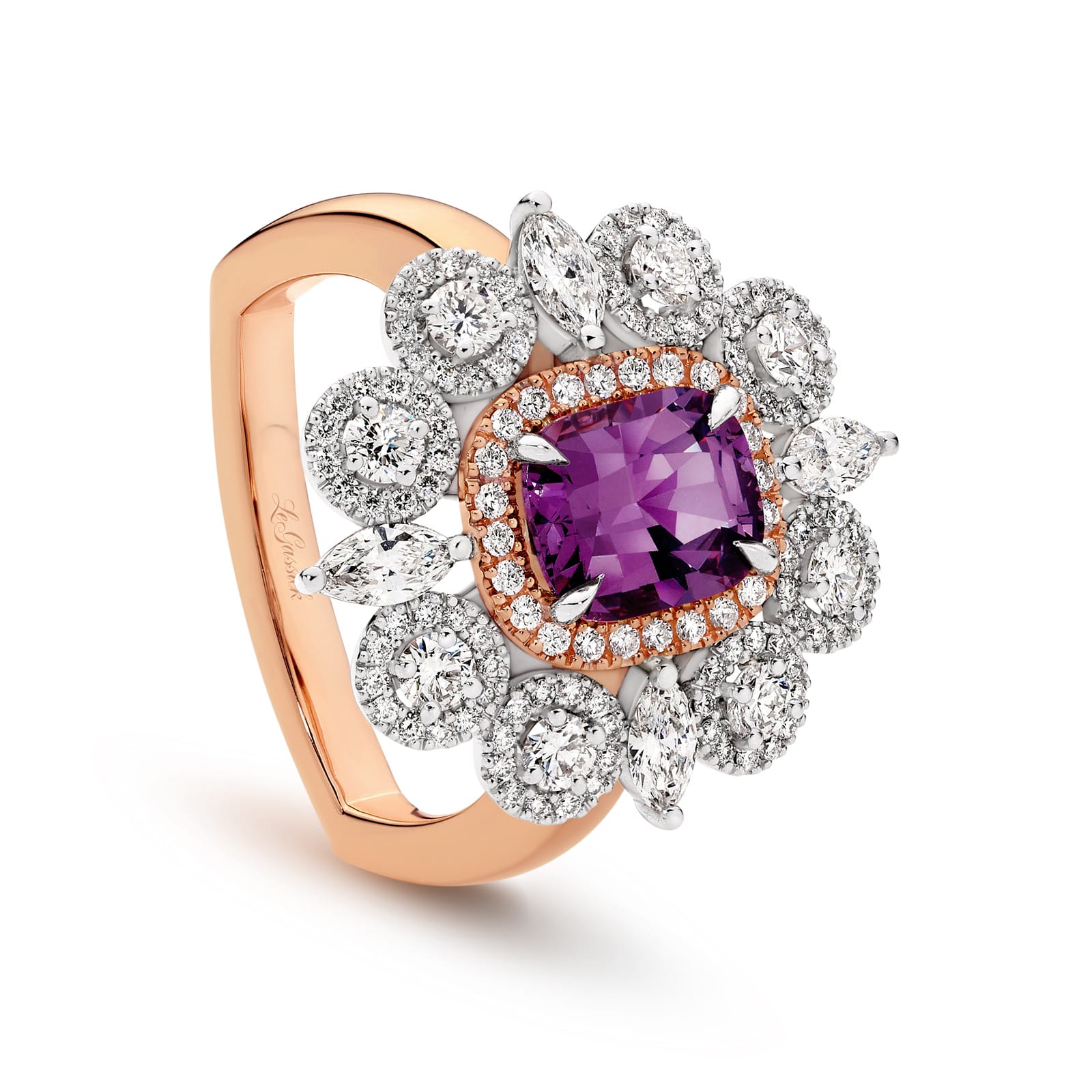 Eloise is a French-inspired 2.31 carat cushion-cut natural Lavender Spinel ring with four Marquise-shaped diamonds and 129 round brilliant cut diamonds. She was designed and handcrafted by LeGassick's Master Jewellers, Gold Coast, Australia.