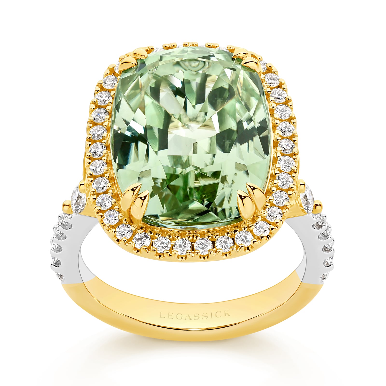 Evelina is a stunning 12.00ct mint green tourmaline and diamond ring.  She was designed and handcrafted by LeGassick's Master Jewellers and a member of the Beyond Luxury Collection.