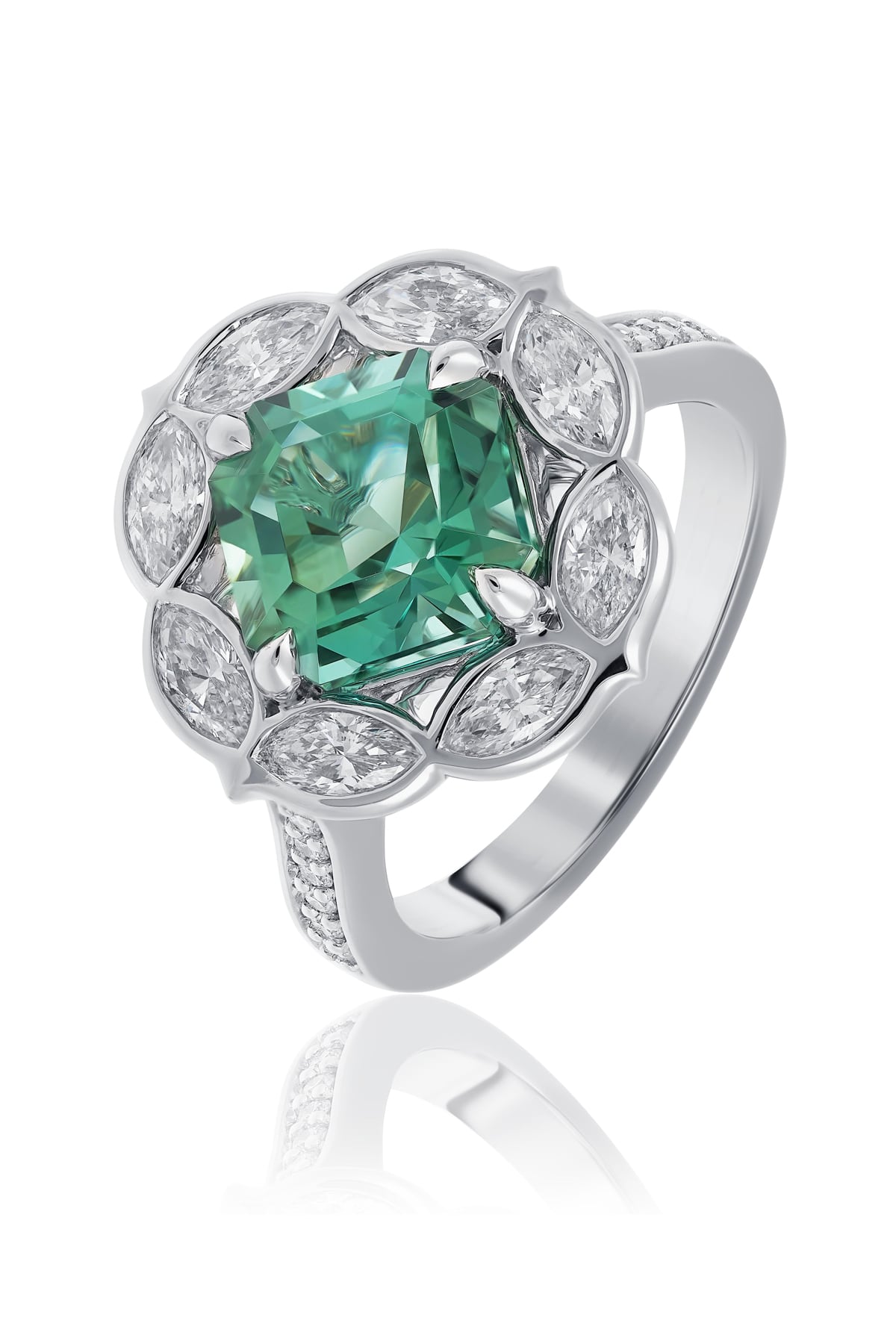 Exquisite 18ct White Gold Mint Tourmaline & Diamond Ring from LeGassick Fine Jewellery.