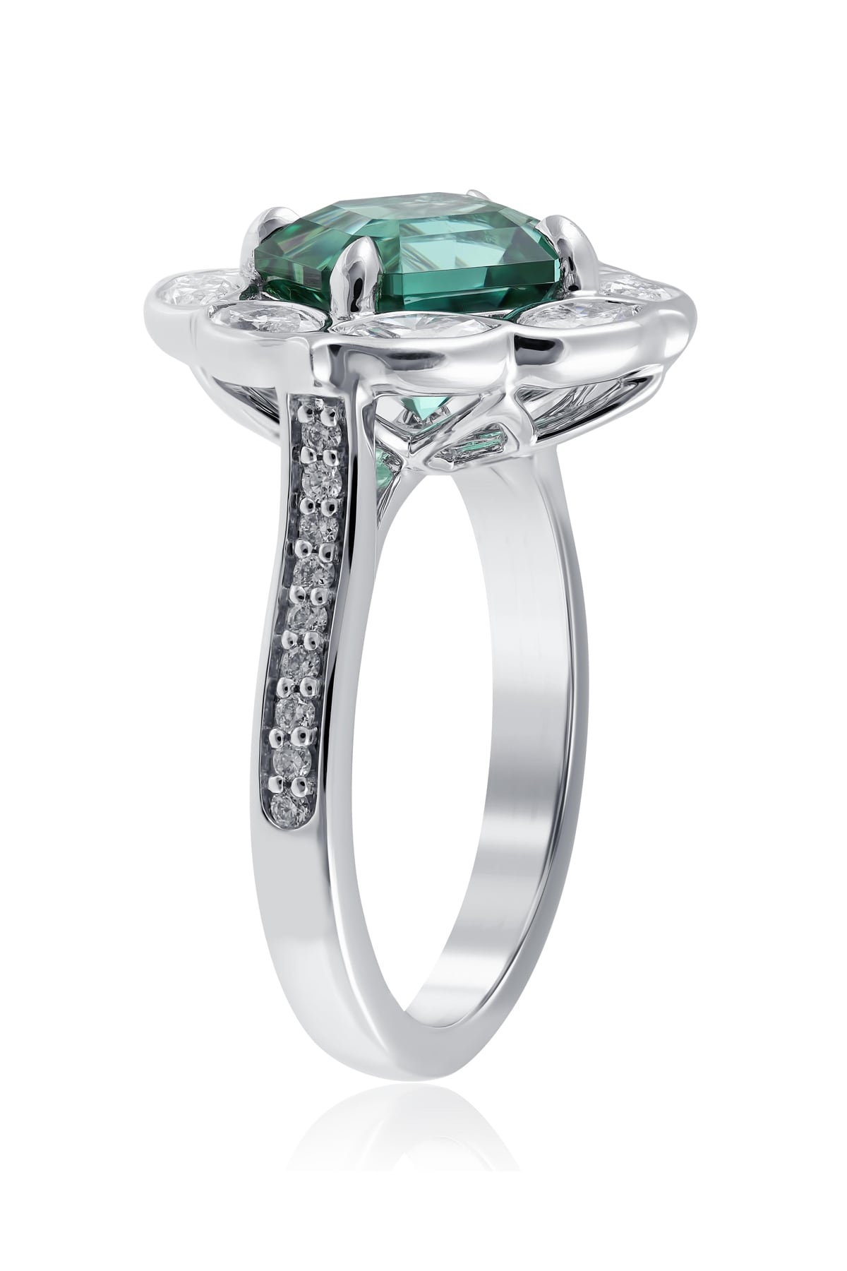 Exquisite 18ct White Gold Mint Tourmaline & Diamond Ring from LeGassick Fine Jewellery.