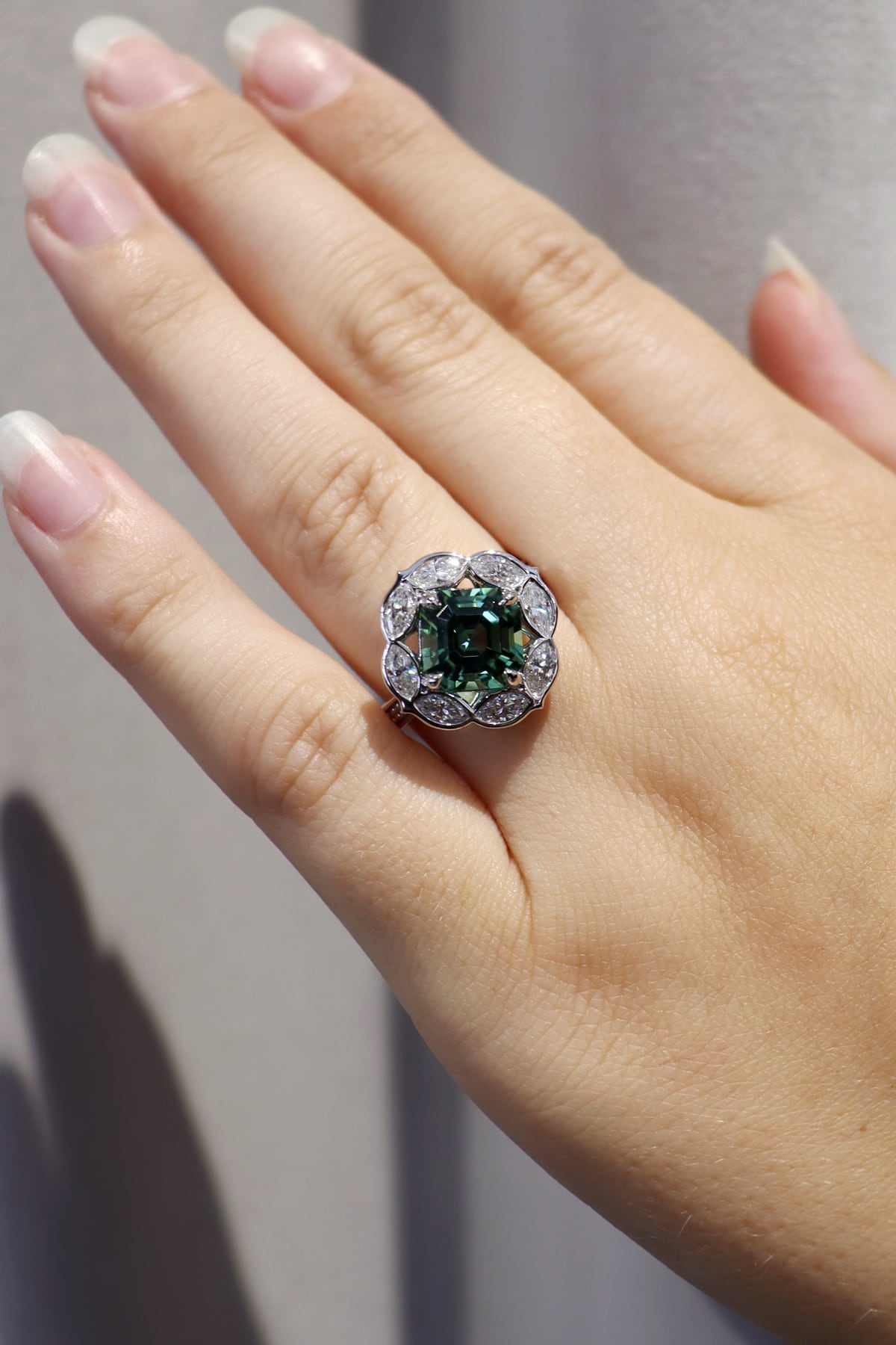 Exquisite 18ct White Gold Mint Tourmaline & Diamond Ring from LeGassick Fine Jewellery.