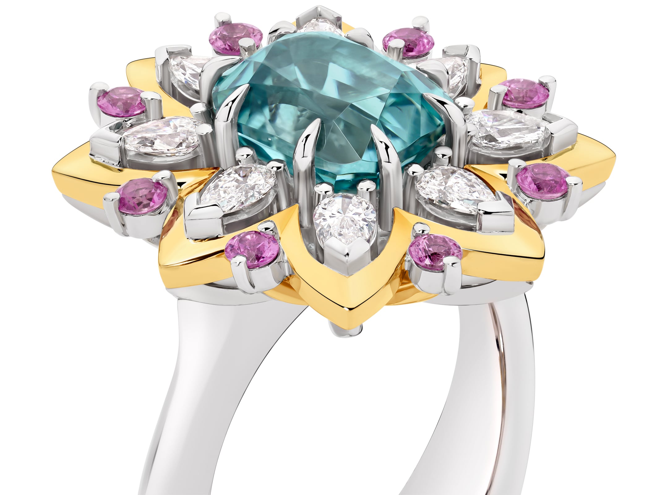 Elegant ring with a central blue tourmaline gemstone, surrounded by pink sapphires and white diamonds on a white background. Florence ring part of The Beyond Luxury Collection by LeGassick.