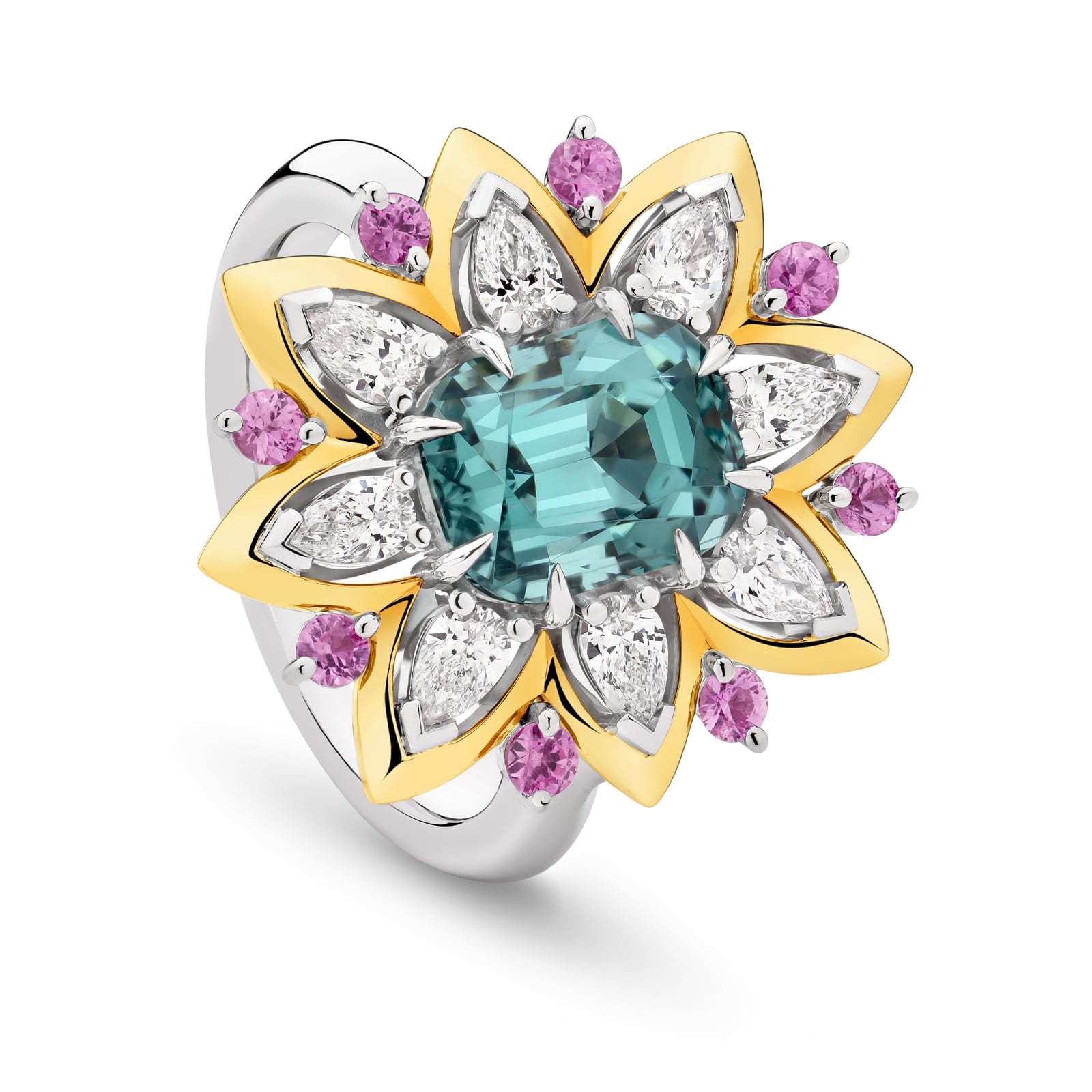 Elegant ring with a central blue tourmaline gemstone, surrounded by pink sapphires and white diamonds on a white background. Florence ring part of The Beyond Luxury Collection by LeGassick.