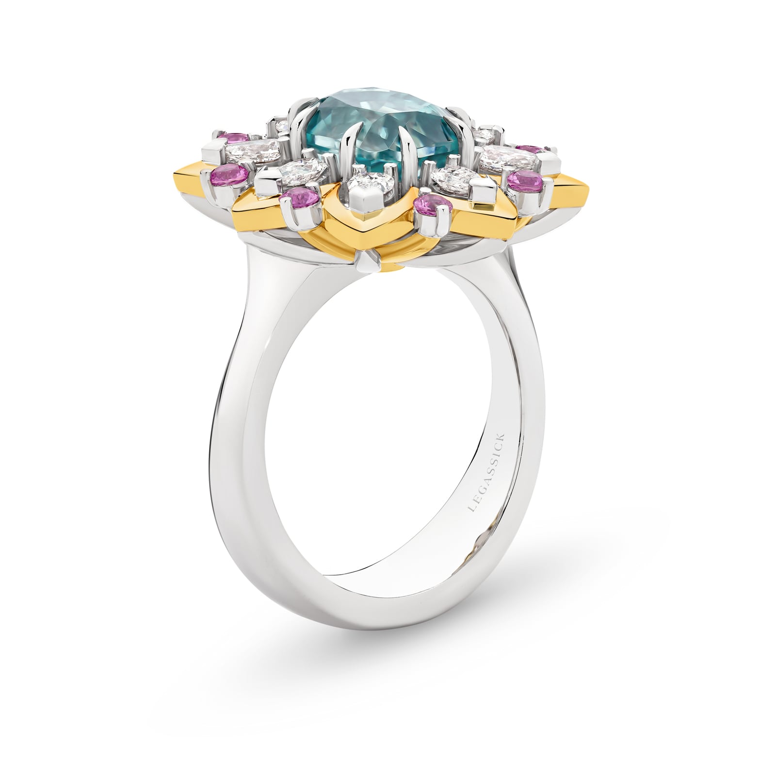 Elegant ring with a central blue tourmaline gemstone, surrounded by pink sapphires and white diamonds on a white background. Florence ring part of The Beyond Luxury Collection by LeGassick.