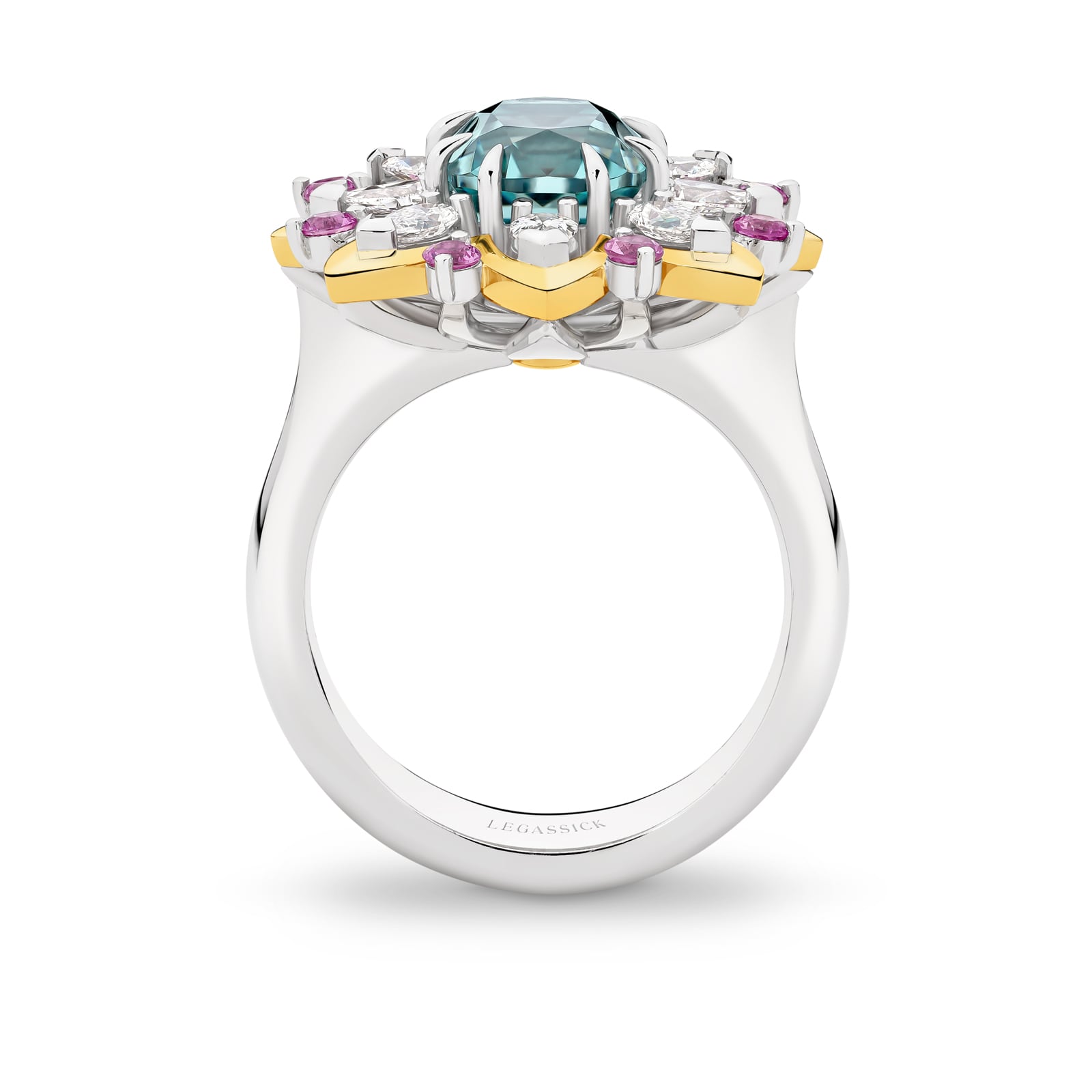 Elegant ring with a central blue tourmaline gemstone, surrounded by pink sapphires and white diamonds on a white background. Florence ring part of The Beyond Luxury Collection by LeGassick.