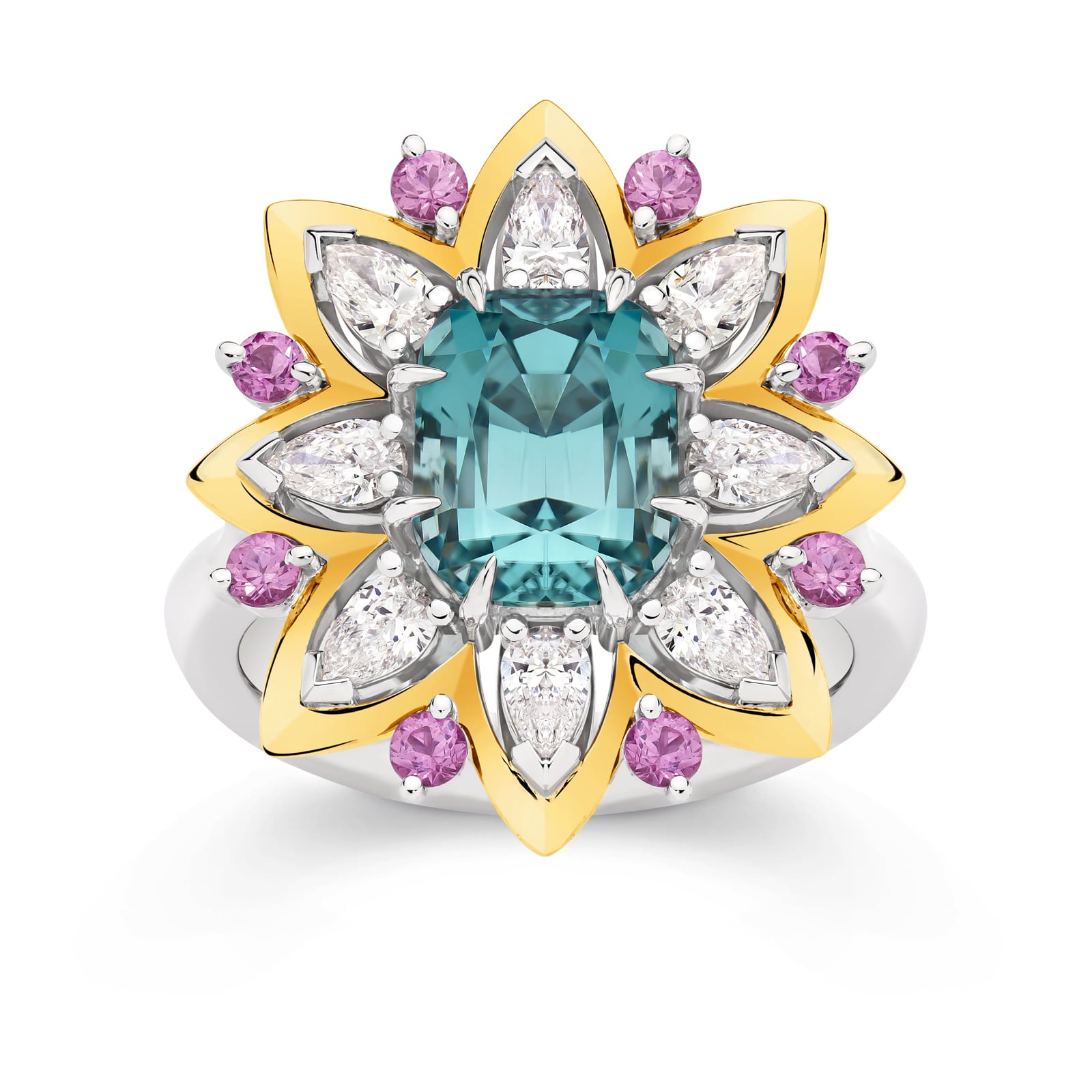 Elegant ring with a central blue tourmaline gemstone, surrounded by pink sapphires and white diamonds on a white background. Florence ring part of The Beyond Luxury Collection by LeGassick.