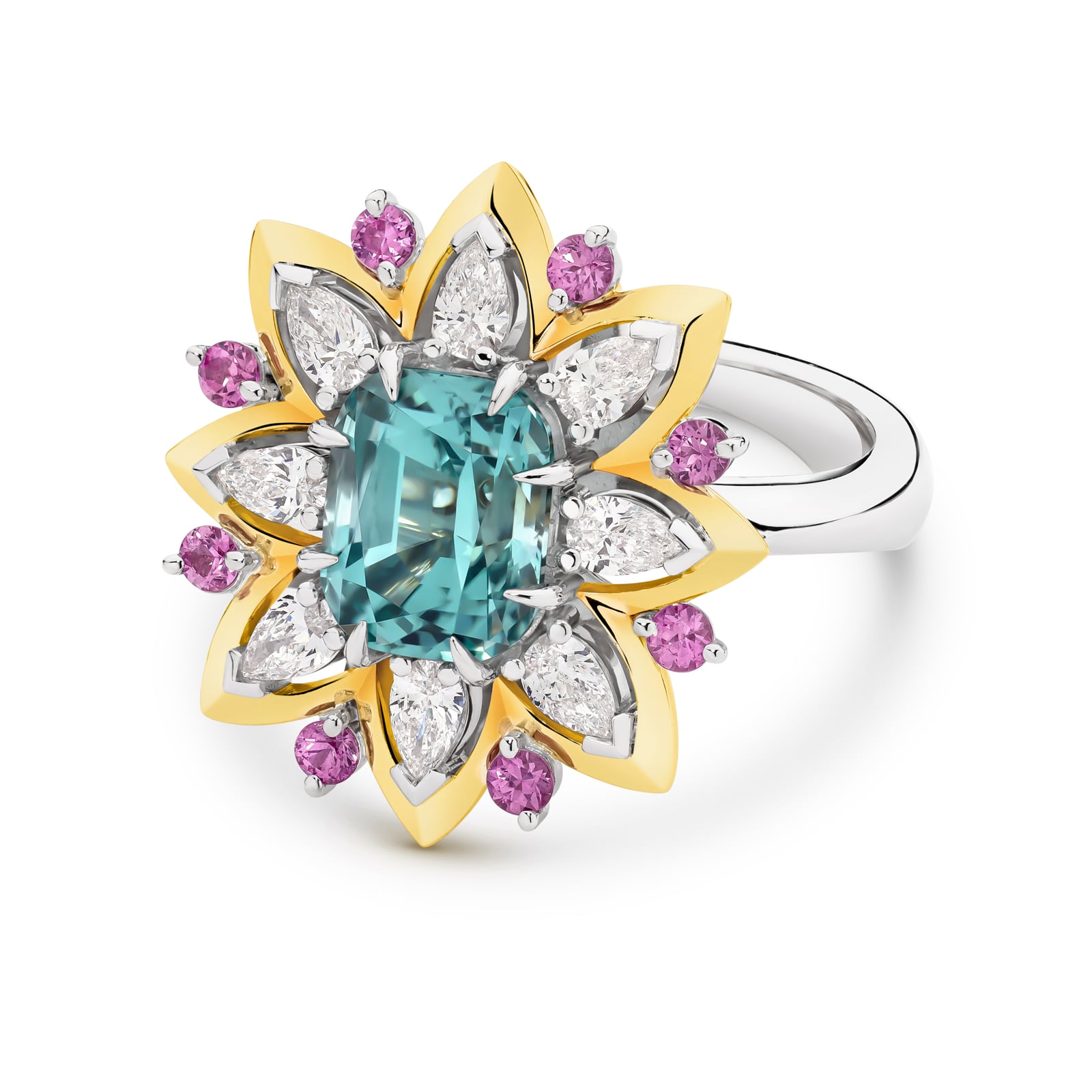 Elegant ring with a central blue tourmaline gemstone, surrounded by pink sapphires and white diamonds on a white background. Florence ring part of The Beyond Luxury Collection by LeGassick.