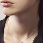 Close-up of a woman wearing a heart-shaped diamond necklace and earrings.