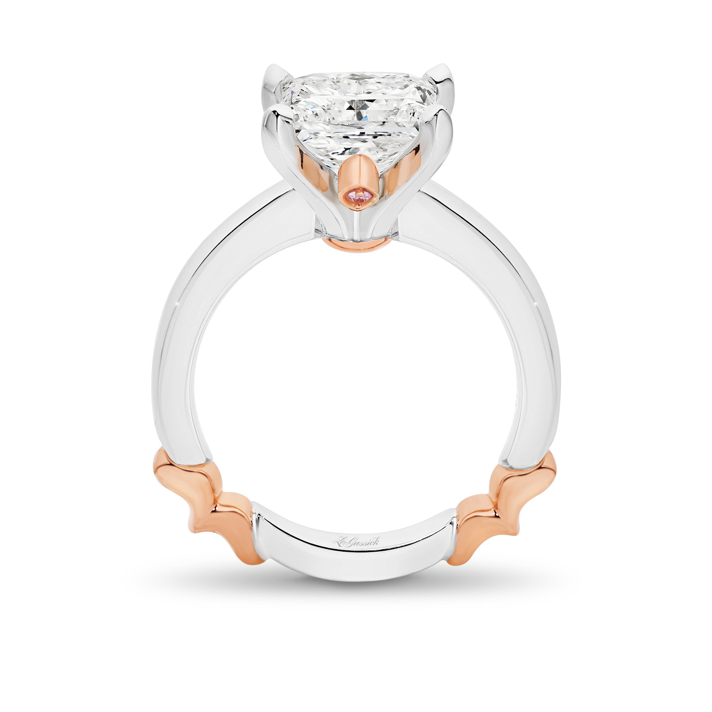 Juliette has a 3.73 Carat Princess Cut diamond centre stone. Set in 18-carat white and rose gold with three rare natural Argyle Pink diamonds. She was designed and handcrafted by LeGassick's Master Jewellers, Gold Coast, Australia.