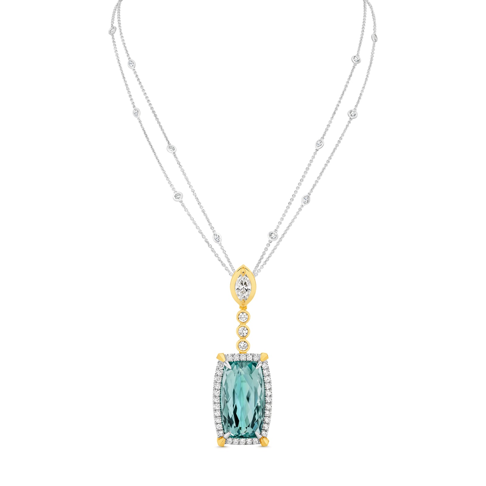 Keilana is a 7.23 carat cushion cut Mint Tourmaline and diamond pendant. She was designed and handcrafted by LeGassick's Master Jewellers, Gold Coast, Australia.