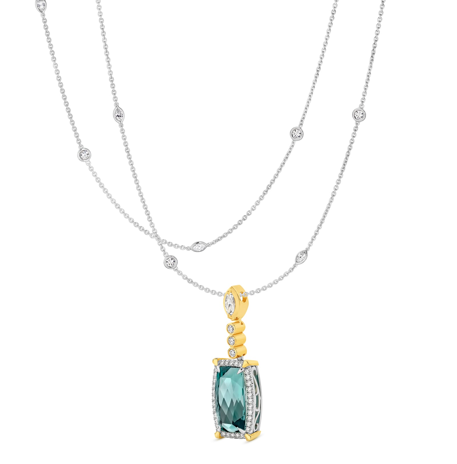 Keilana is a 7.23 carat cushion cut Mint Tourmaline and diamond pendant. She was designed and handcrafted by LeGassick's Master Jewellers, Gold Coast, Australia.
