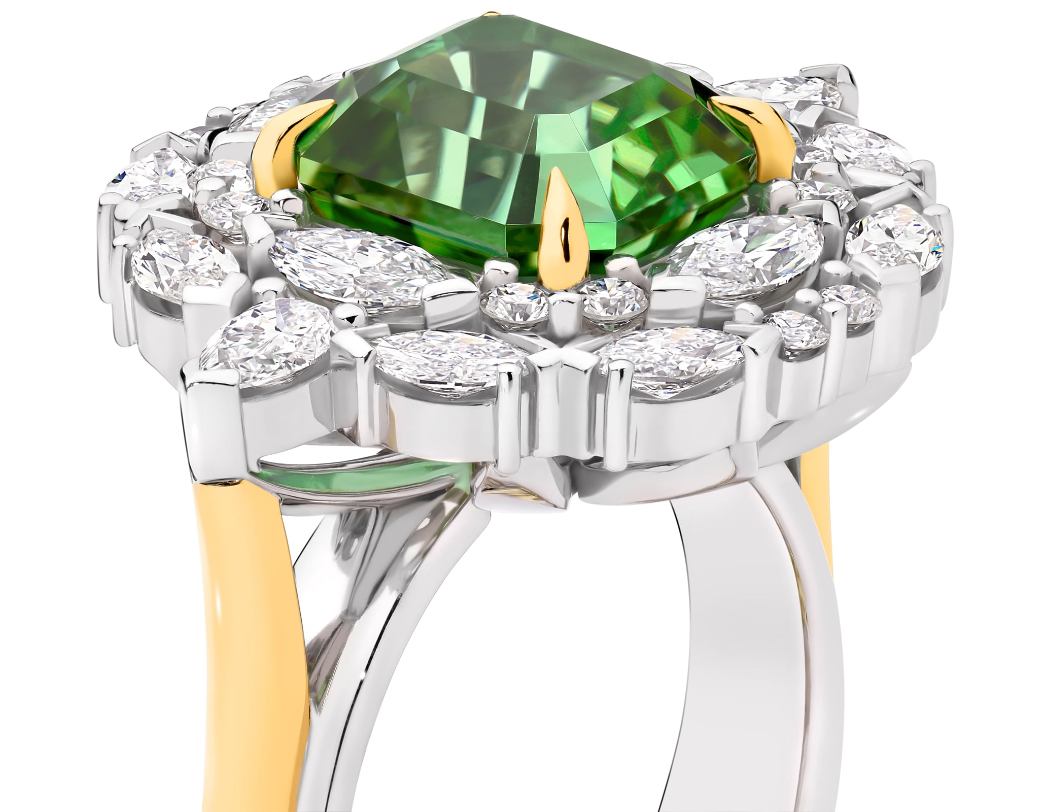 Handcrafted green tourmaline and diamond ring set in white and yellow gold on a white background. Lucinda ring part of The Beyond Luxury Collection by LeGassick.