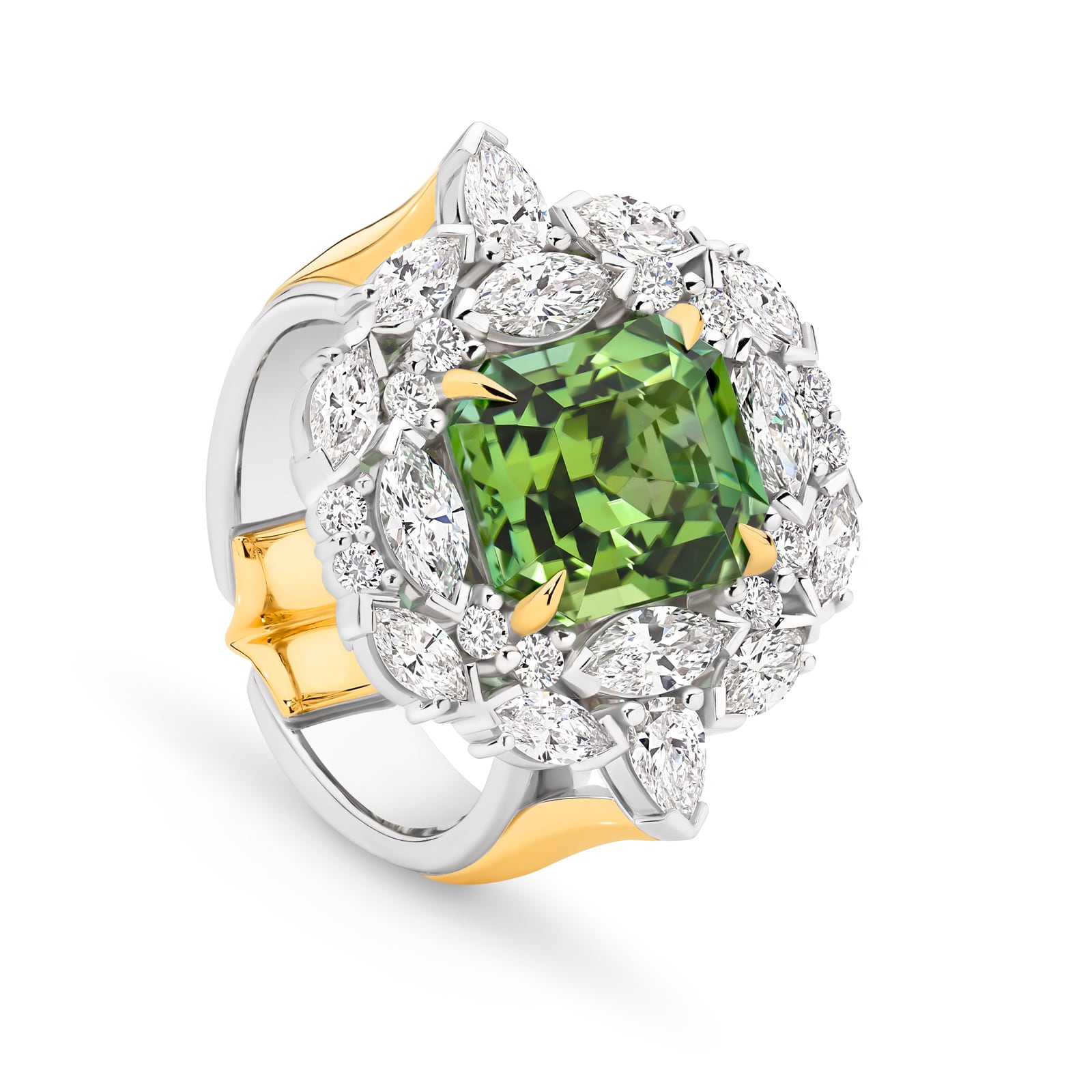 Handcrafted green tourmaline and diamond ring set in white and yellow gold on a white background. Lucinda ring part of The Beyond Luxury Collection by LeGassick.